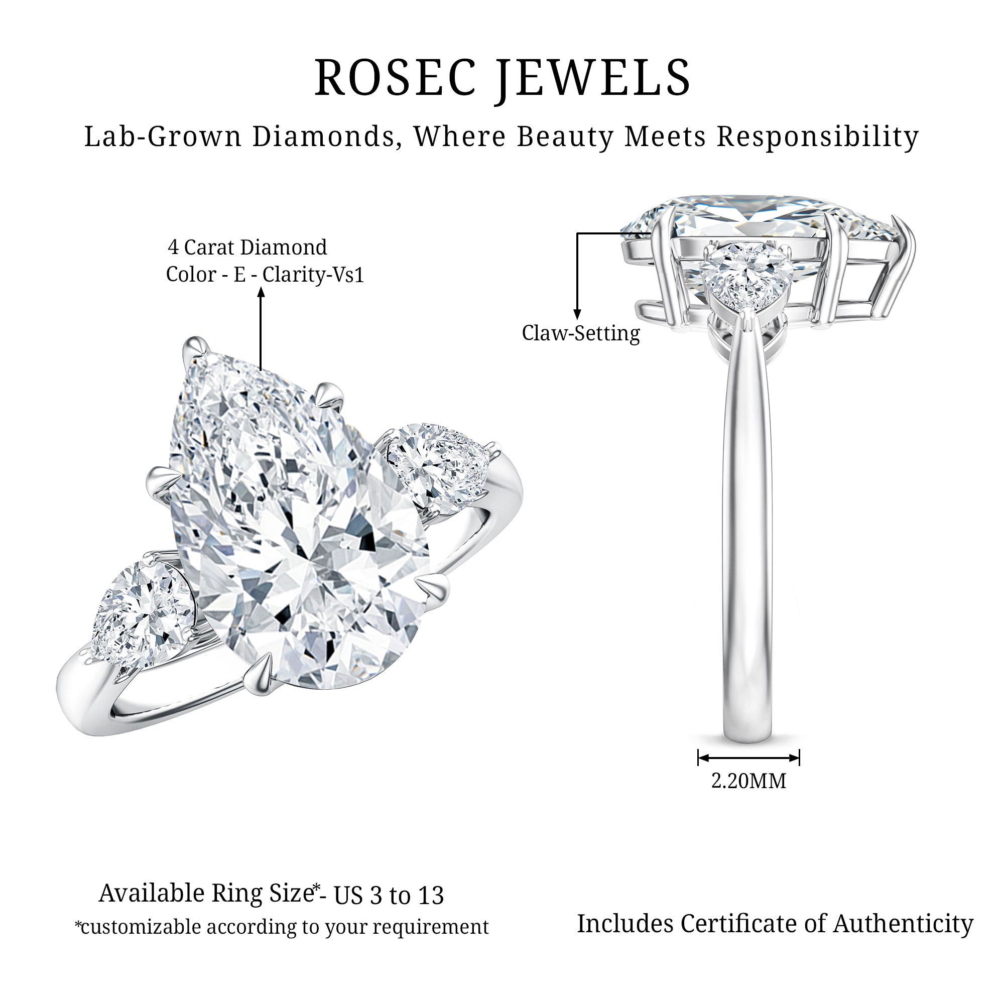 Rosec Jewels-4 Carat Lab Grown Diamond 3 Stone Engagement Ring with IGI Certified