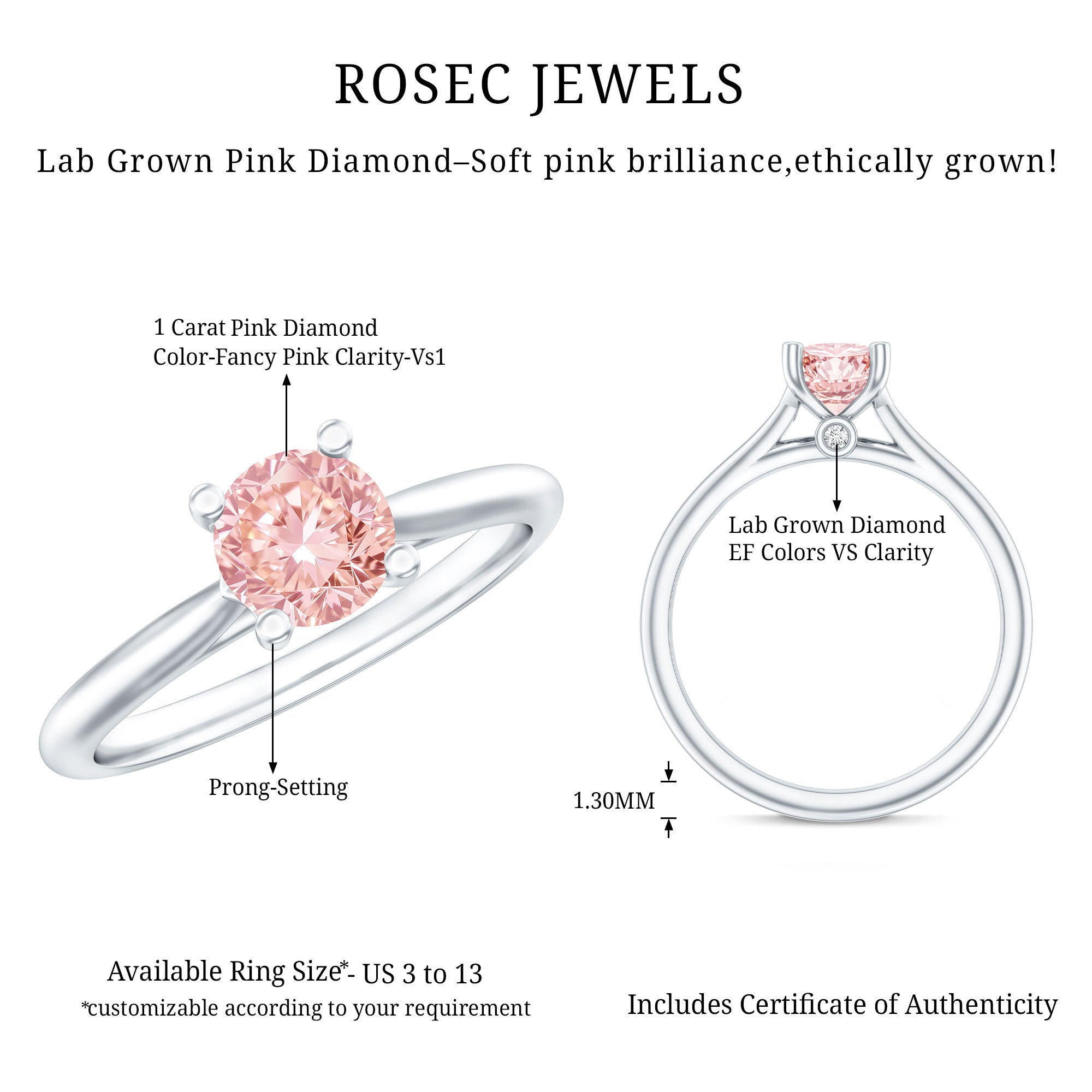 Rosec Jewels-1 Carat Round Lab Grown Pink Diamond Solitaire Ring with IGI Certificate