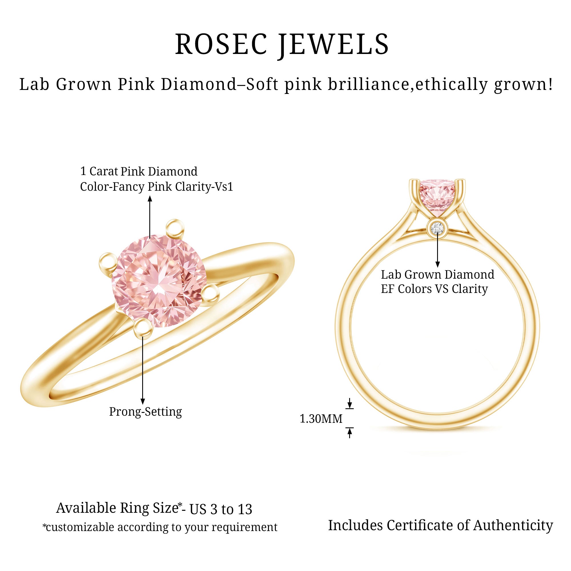 Rosec Jewels-1 Carat Round Lab Grown Pink Diamond Solitaire Ring with IGI Certificate