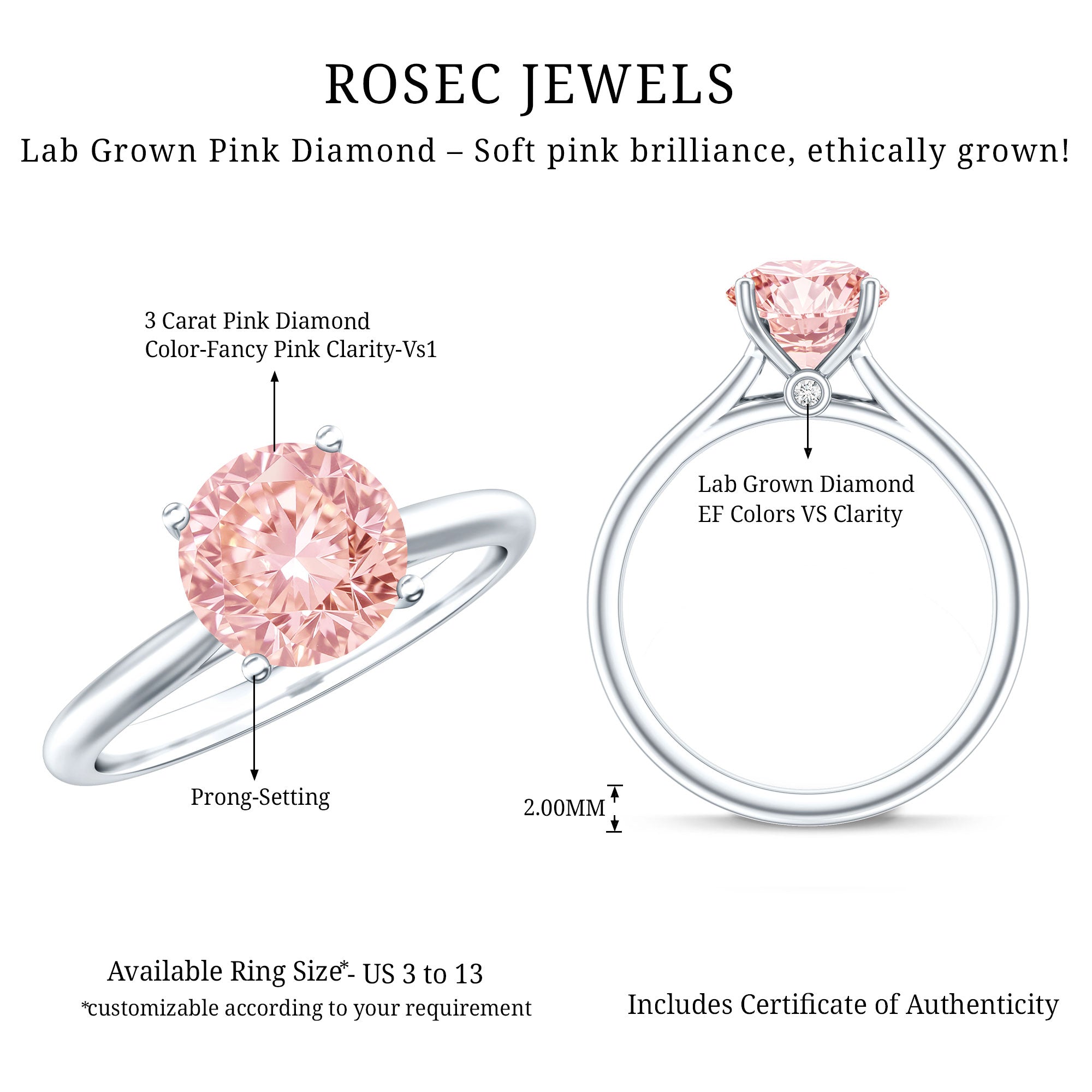 Rosec Jewels-3 Carat Lab Grown Pink Diamond Solitaire Engagement Ring with IGI Certificate