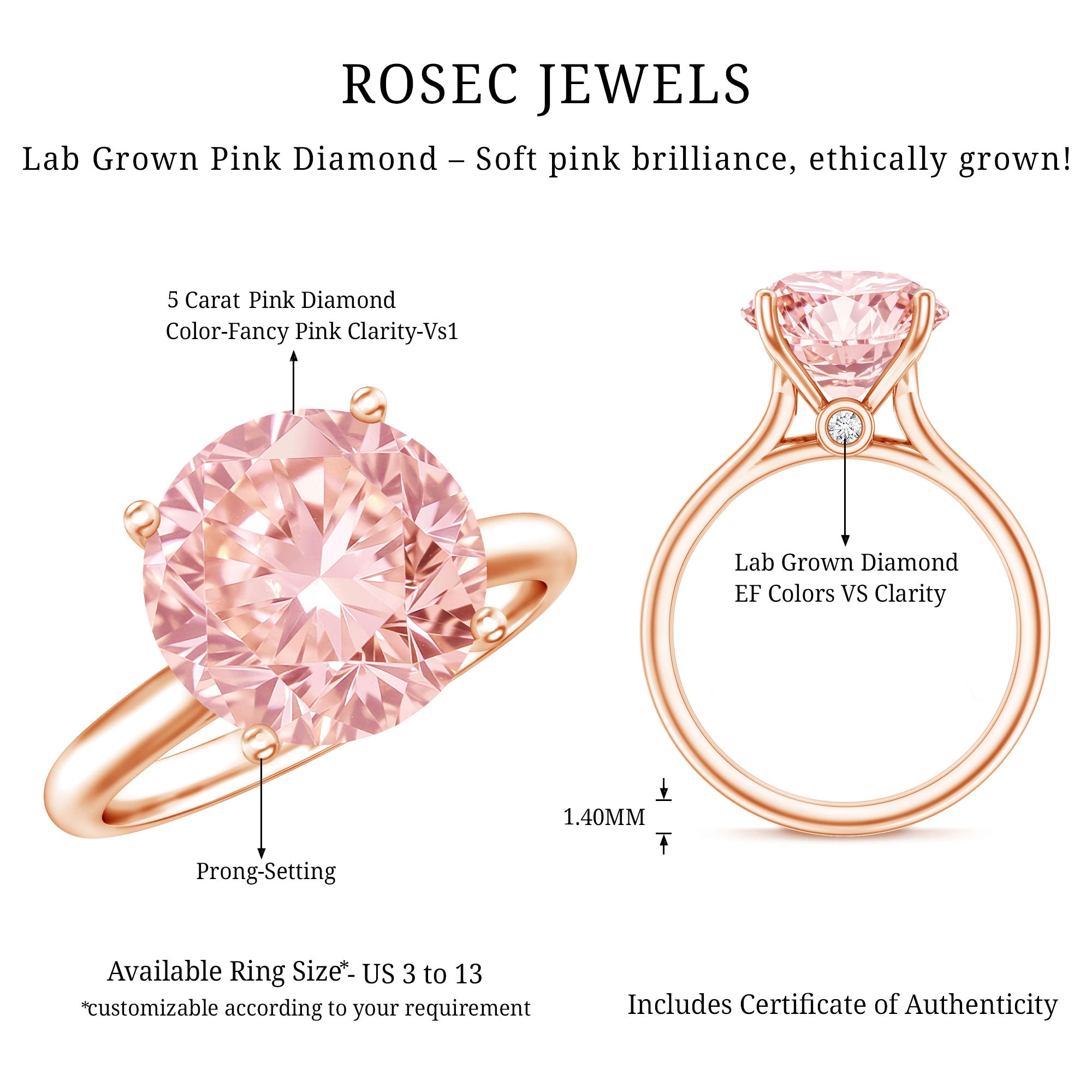 Rosec Jewels-IGI Certified 5 Carat Huge Lab Grown Pink Diamond Solitaire Engagement Ring