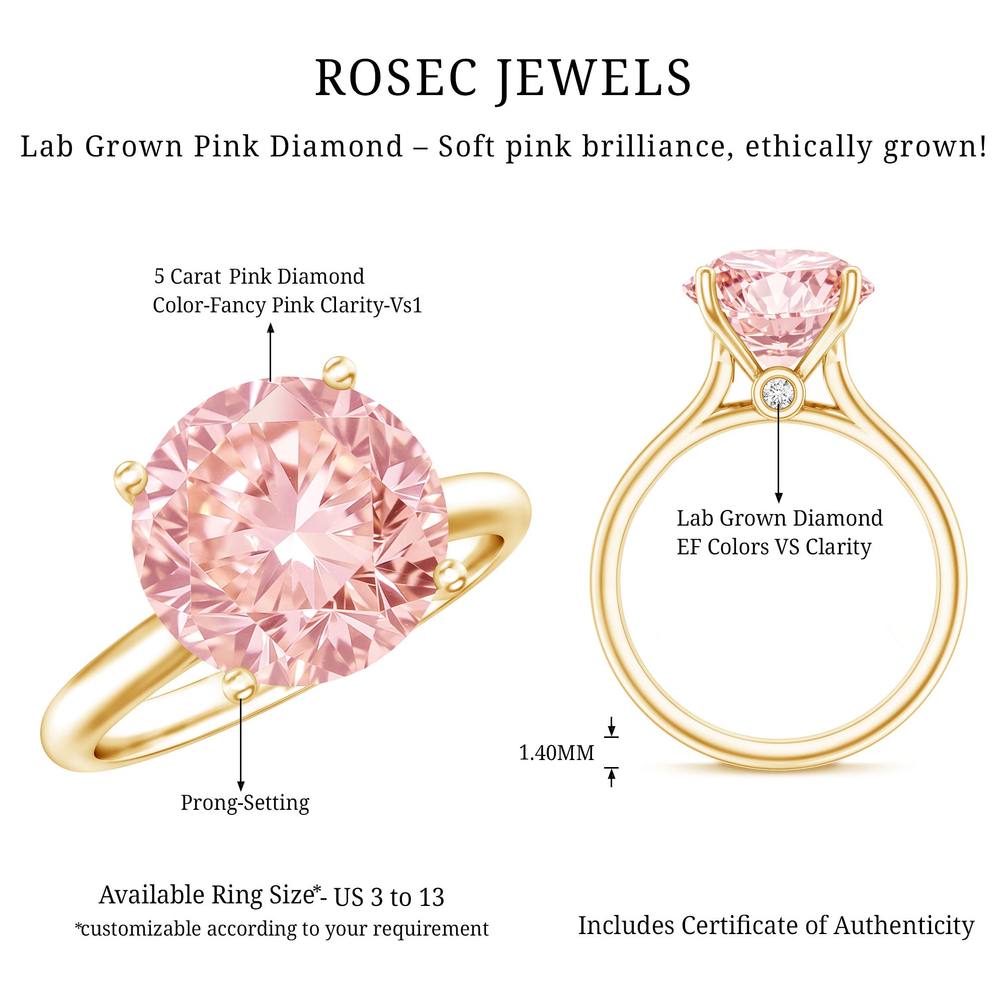 Rosec Jewels-IGI Certified 5 Carat Huge Lab Grown Pink Diamond Solitaire Engagement Ring