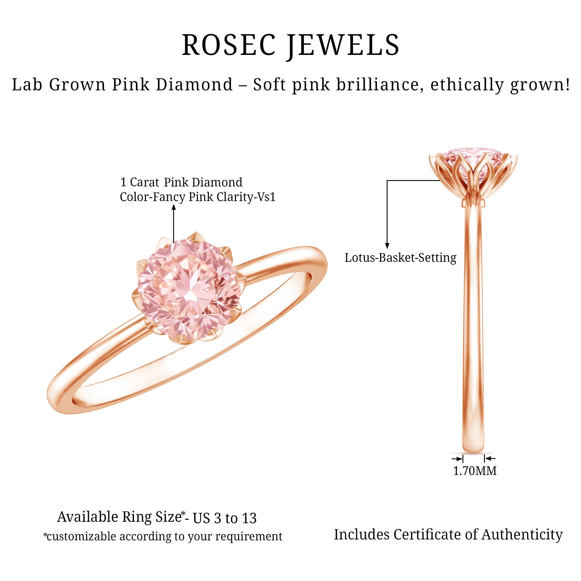 Rosec Jewels-Lotus Basket Set 1 Carat Lab Created Pink Diamond Solitaire Ring with IGI Certificate
