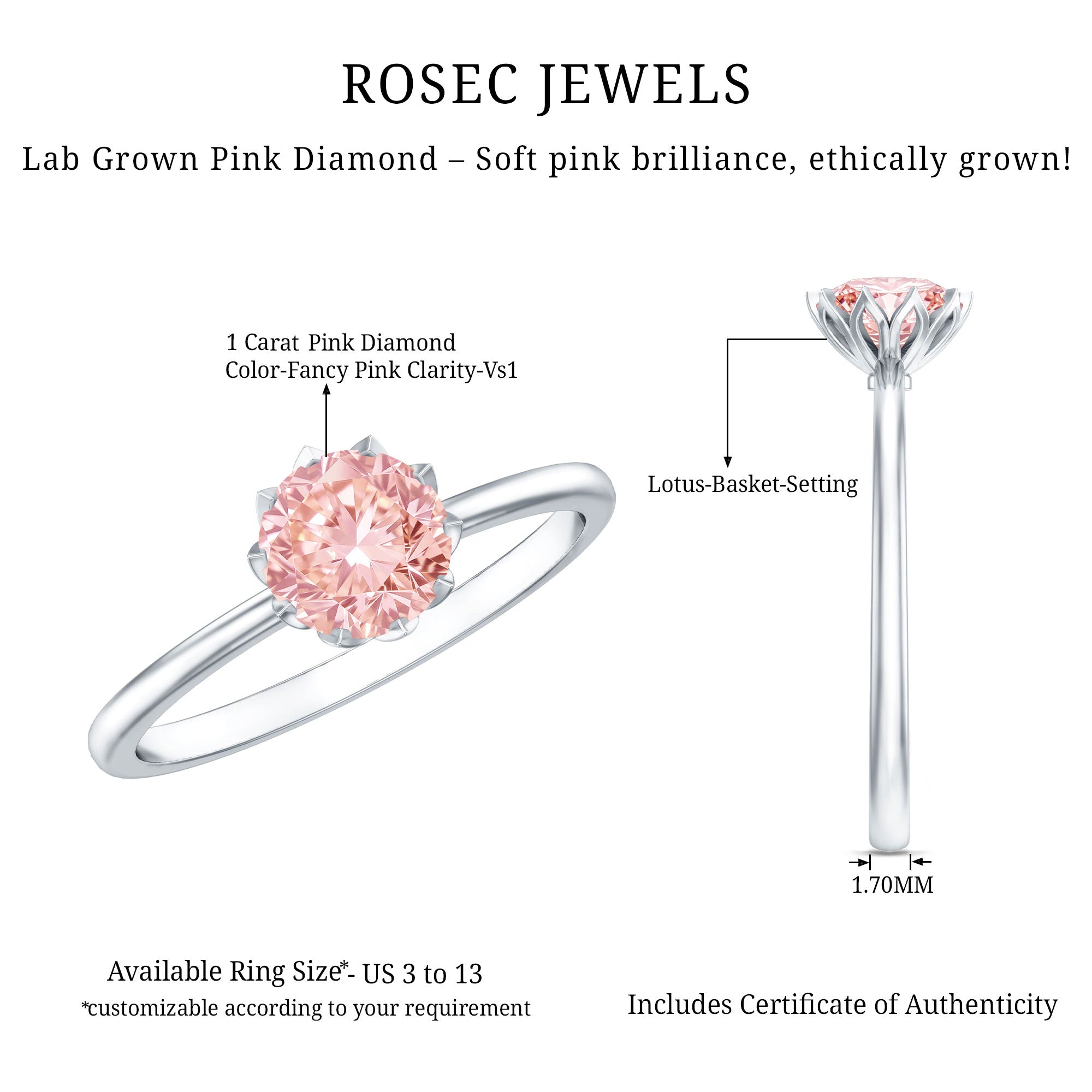 Rosec Jewels-Lotus Basket Set 1 Carat Lab Created Pink Diamond Solitaire Ring with IGI Certificate