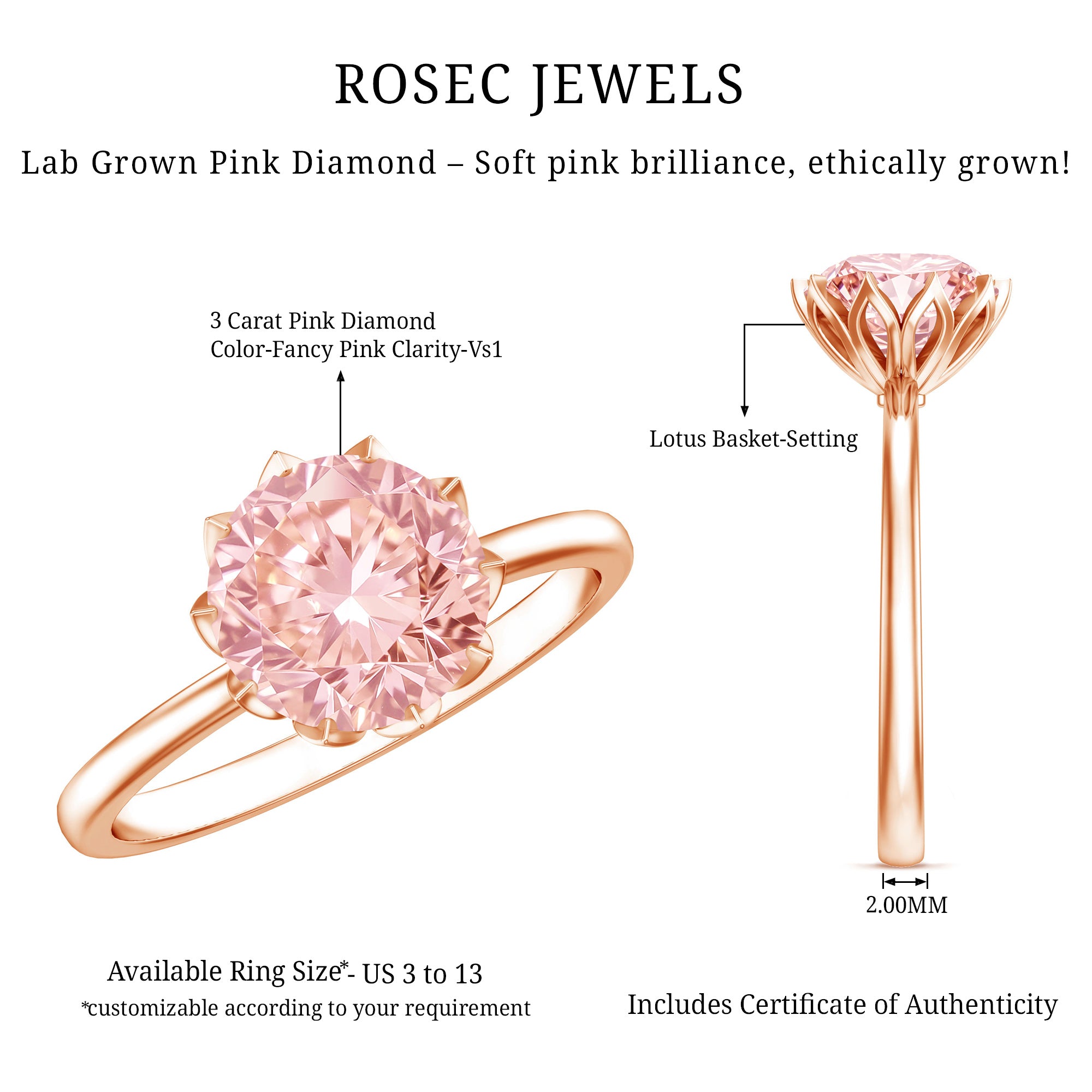 Rosec Jewels-Lab Grown 3 Carat Pink Diamond Solitaire Engagement Ring IGI Certified