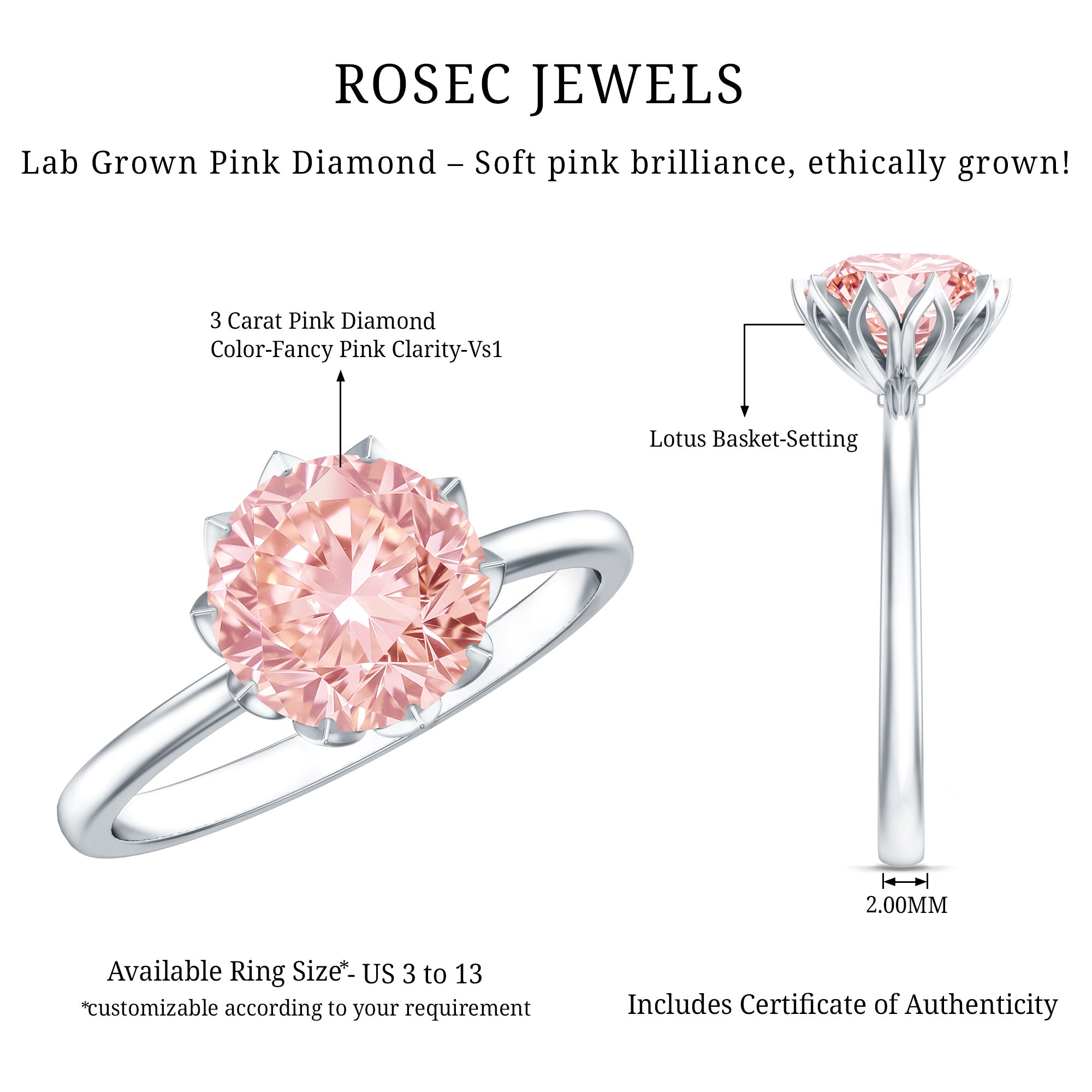 Rosec Jewels-Lab Grown 3 Carat Pink Diamond Solitaire Engagement Ring IGI Certified