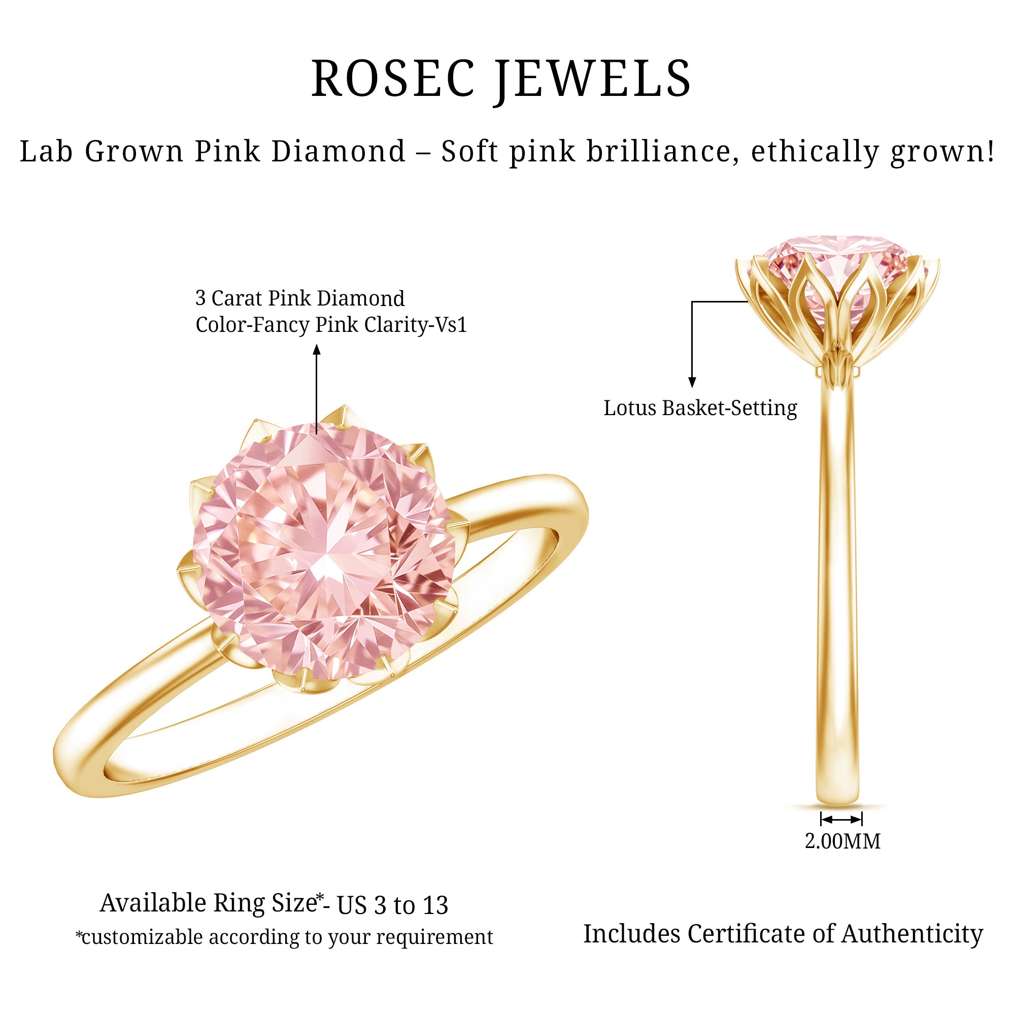 Rosec Jewels-Lab Grown 3 Carat Pink Diamond Solitaire Engagement Ring IGI Certified