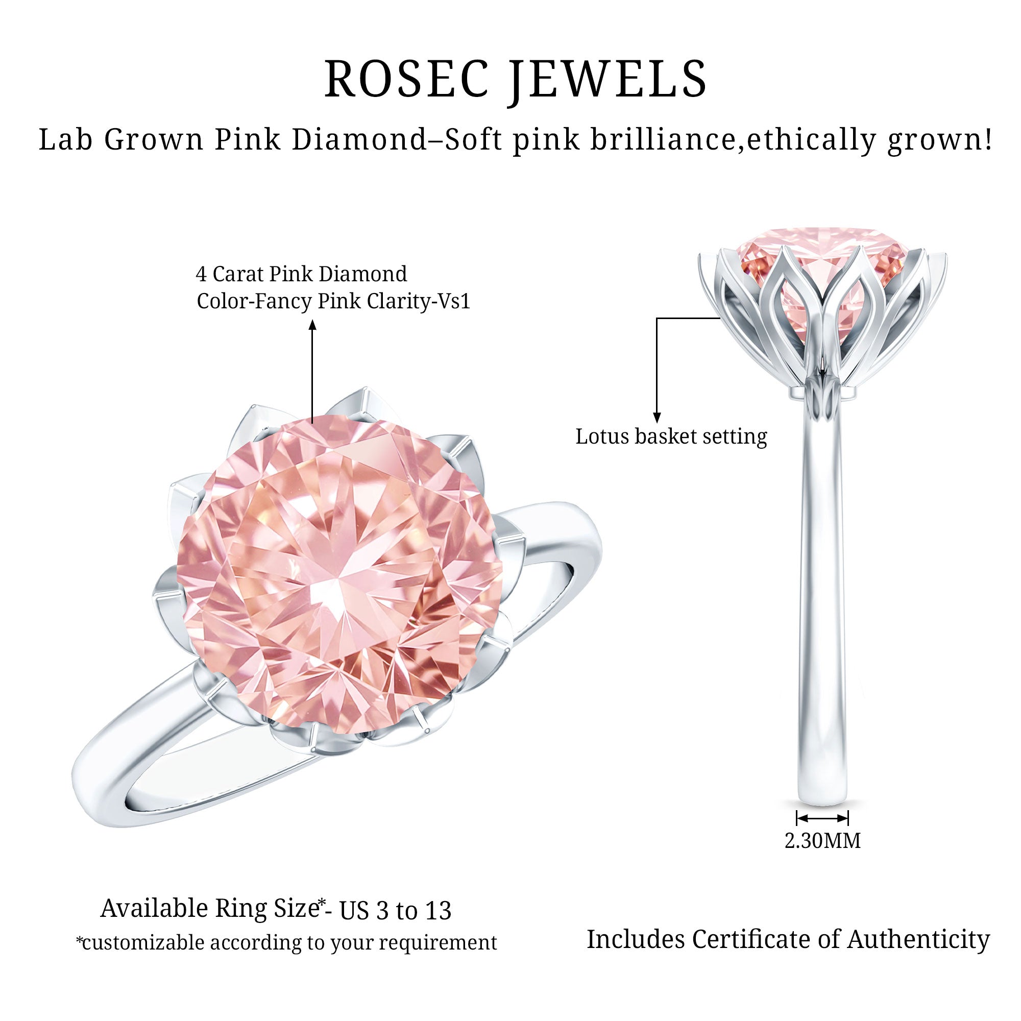 Rosec Jewels-IGI Certified 4 Carat Lab Grown Pink Diamond Ring For Engagement