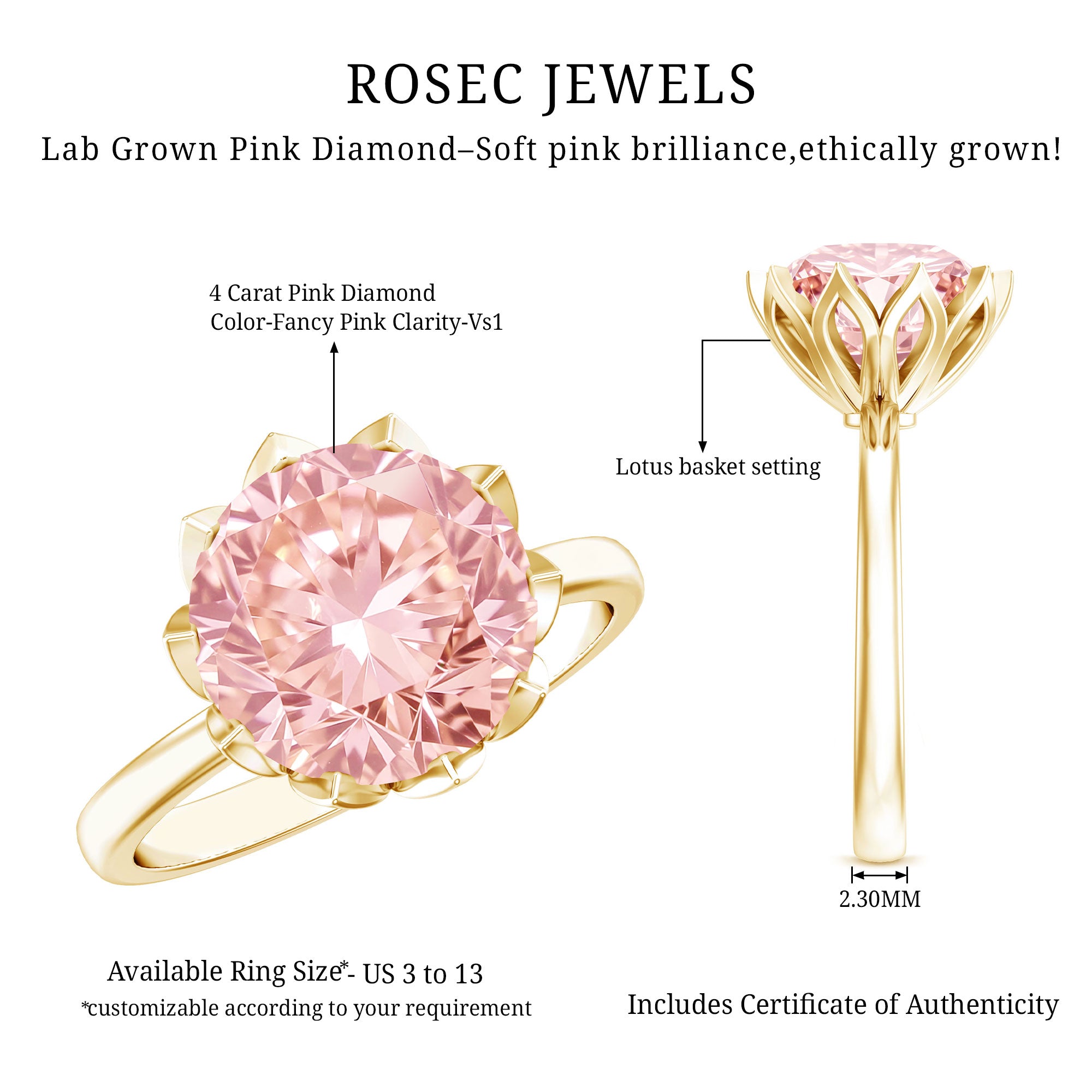 Rosec Jewels-IGI Certified 4 Carat Lab Grown Pink Diamond Ring For Engagement