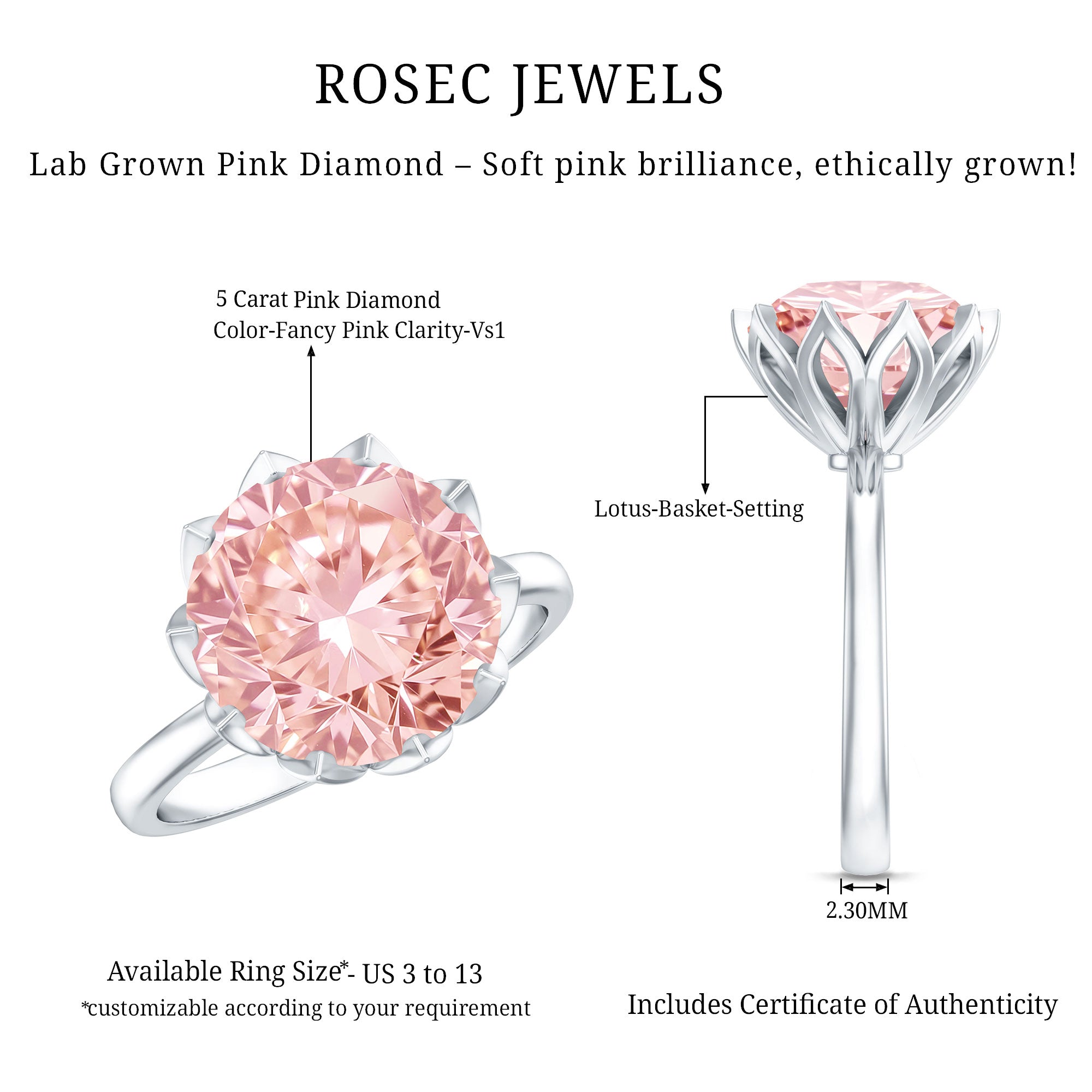 Rosec Jewels-IGI Certified Solitaire 5 Carat Lab Grown Pink Diamond Lotus Engagement Ring