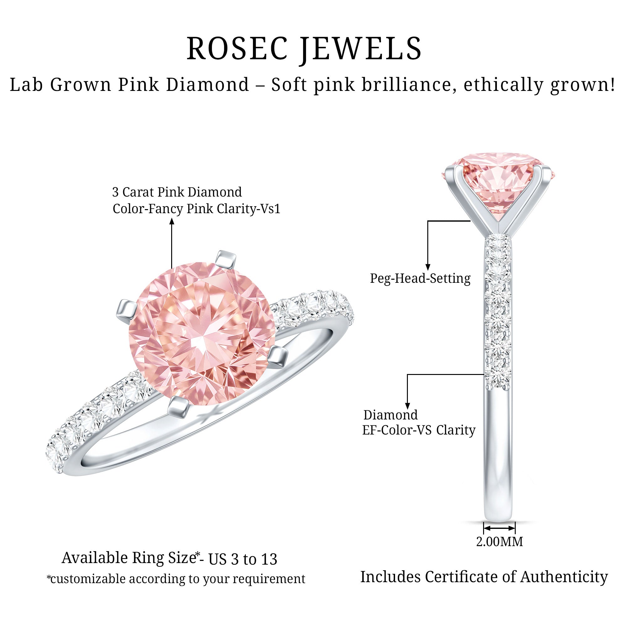 Rosec Jewels-3 Carat Lab Grown Pink Diamond Round Engagement Ring IGI Certified