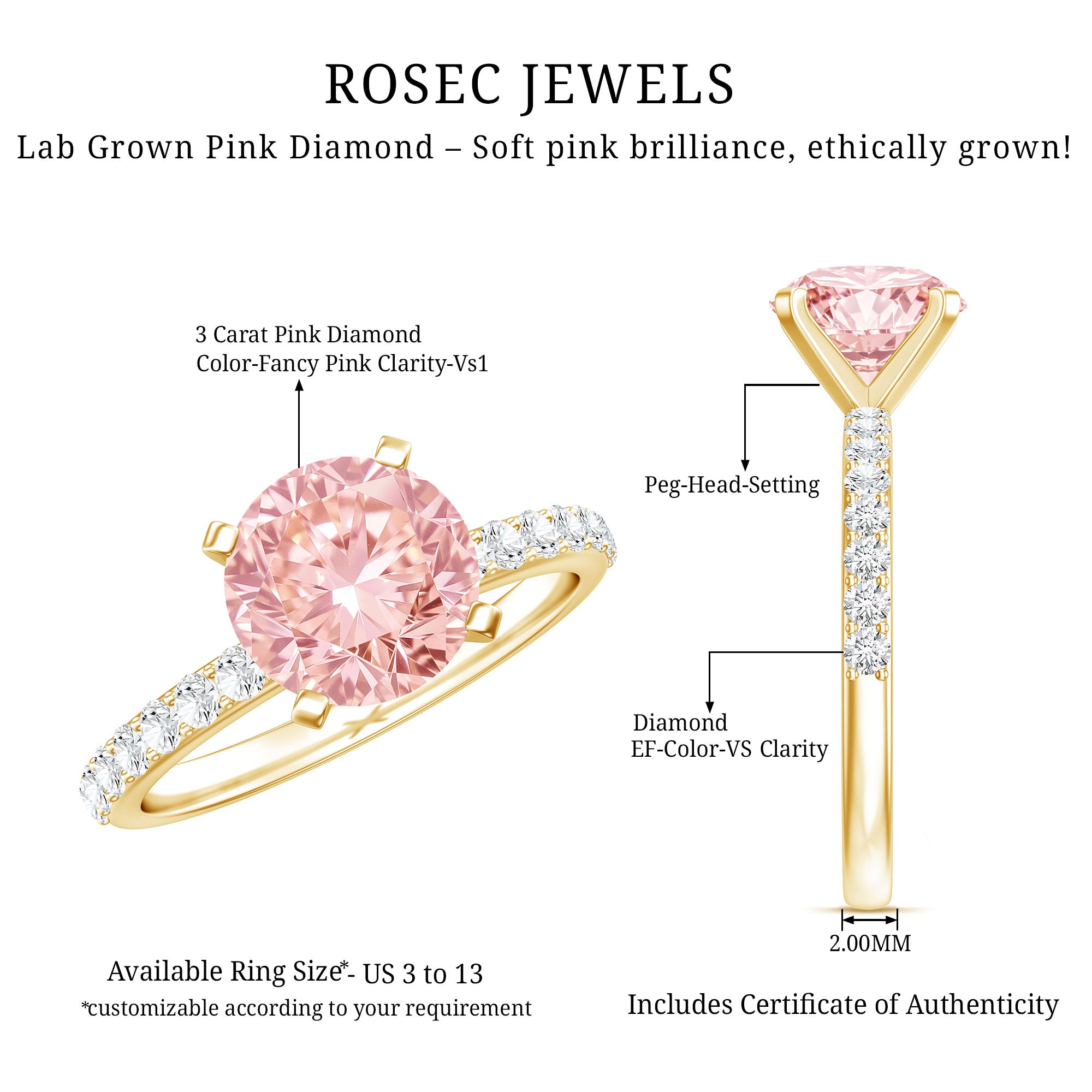 Rosec Jewels-3 Carat Lab Grown Pink Diamond Round Engagement Ring IGI Certified