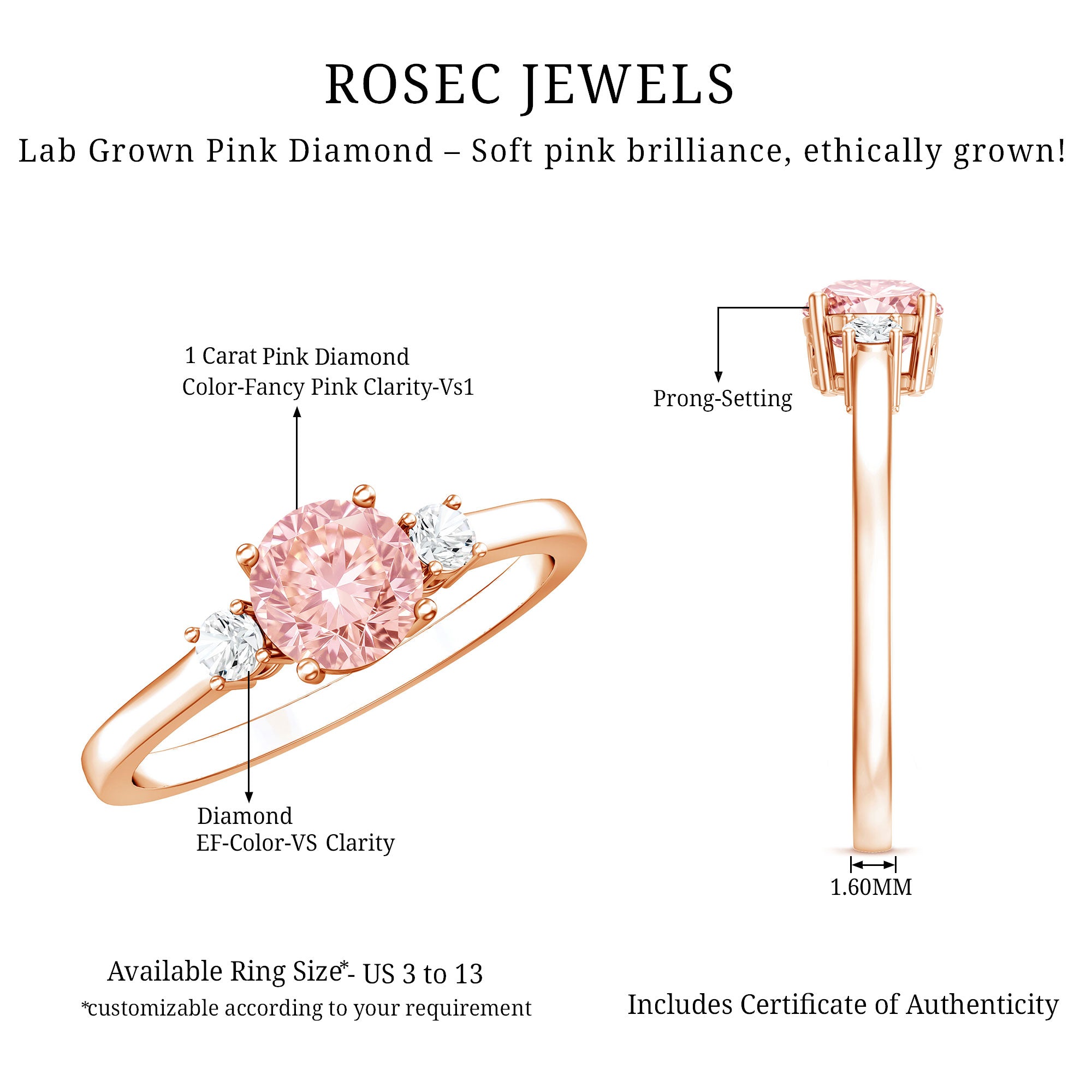 Rosec Jewels-1 Carat IGI Certified Lab Grown Pink and White Diamond Three Stone Ring for Her