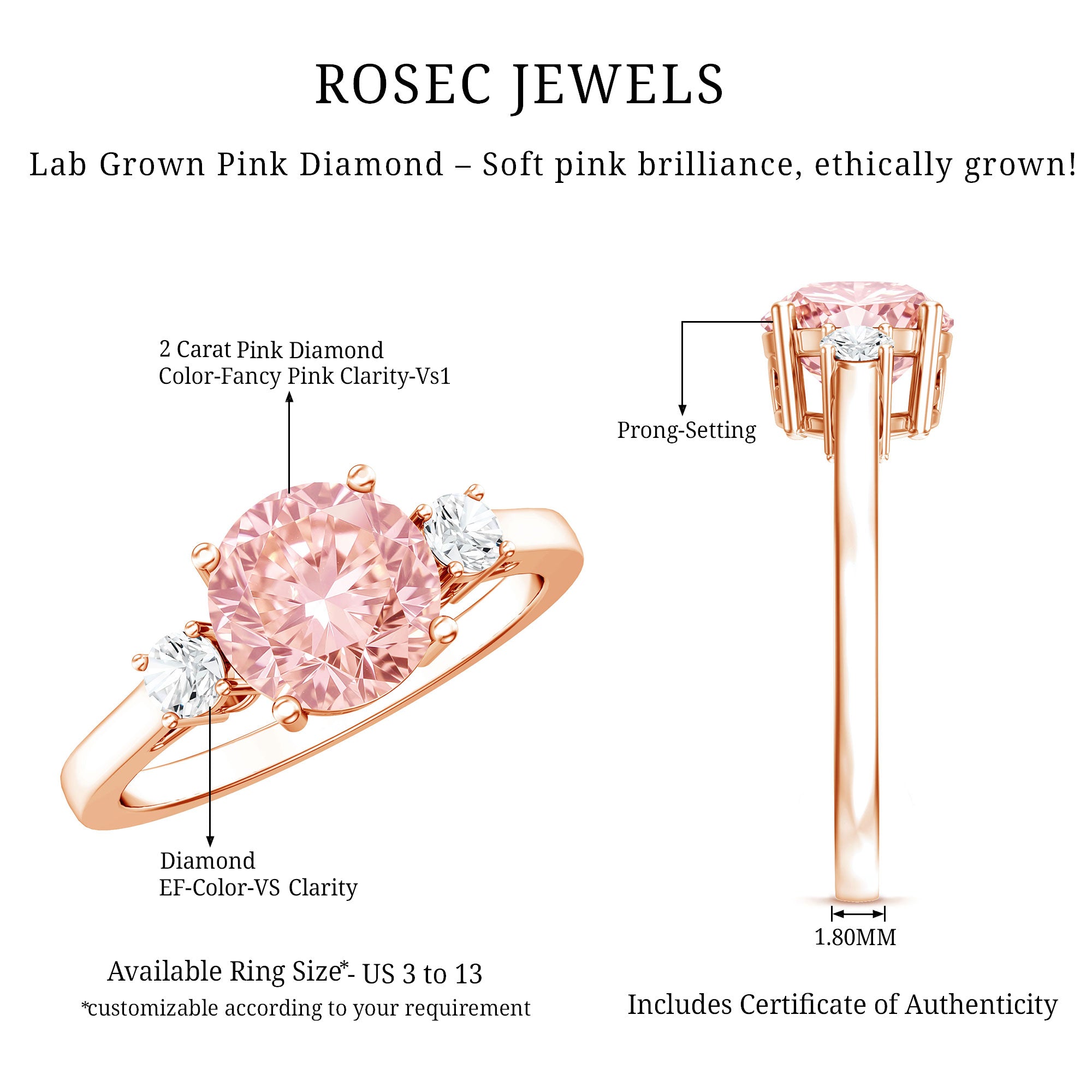 Rosec Jewels-2 Carat Lab Grown Pink Diamond Three Stone Engagement Ring with IGI Certificate