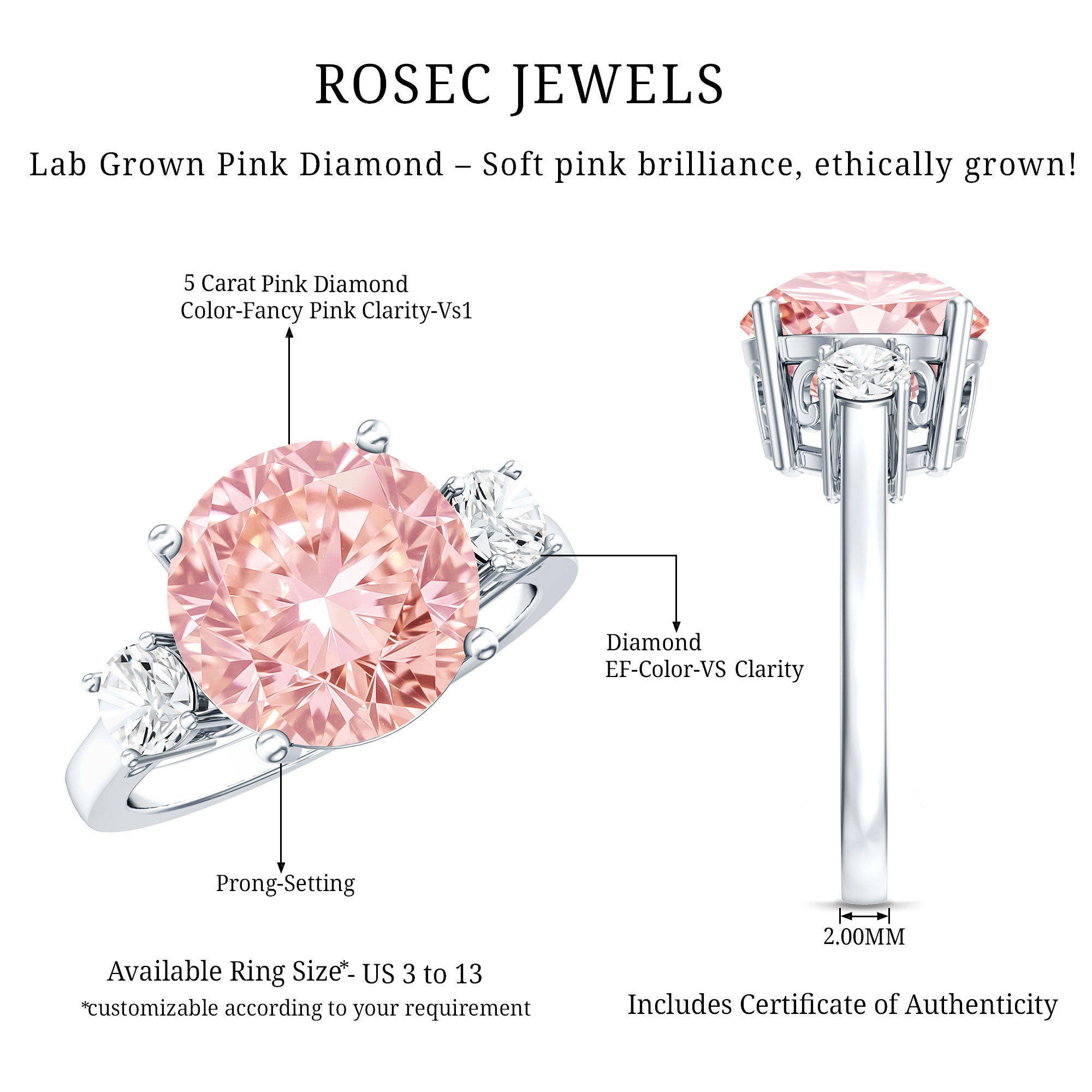 Rosec Jewels-IGI Certified Lab Created Pink and White Diamond Three Stone Engagement Ring 5 Carat