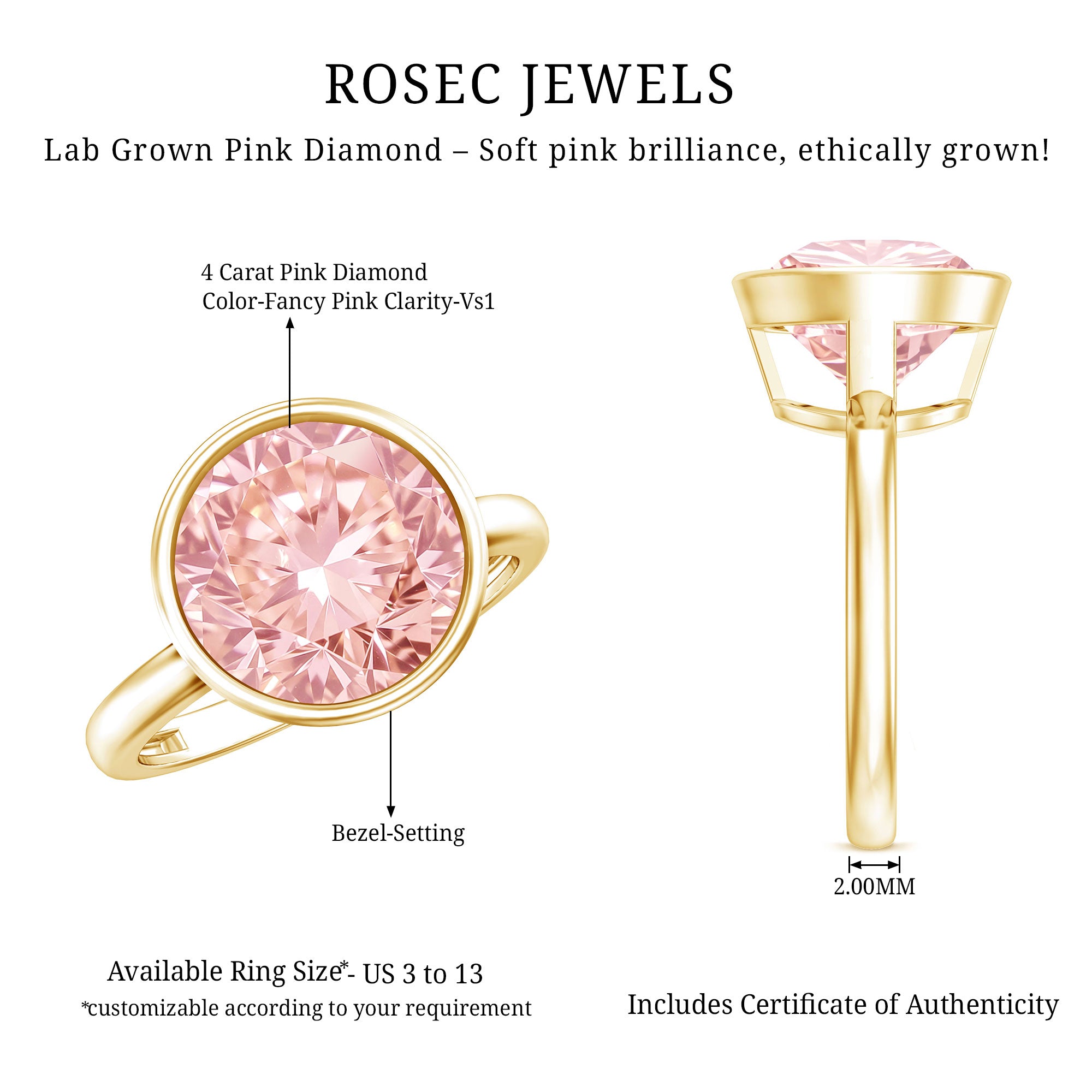 Rosec Jewels-Solitaire Lab Grown Pink Diamond 4 Carat Round Engagement Ring IGI Certified
