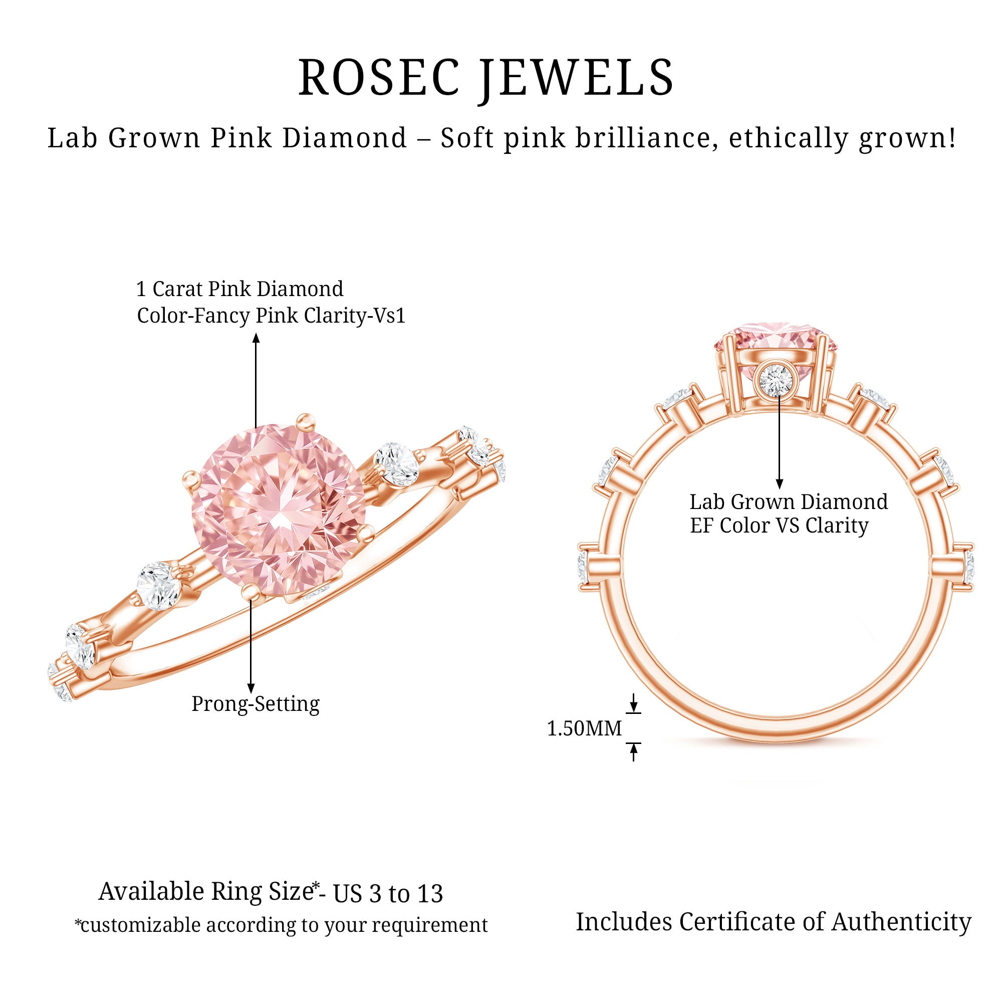 Rosec Jewels-IGI Certified 1 Carat Round Lab Grown Pink Diamond Ring
