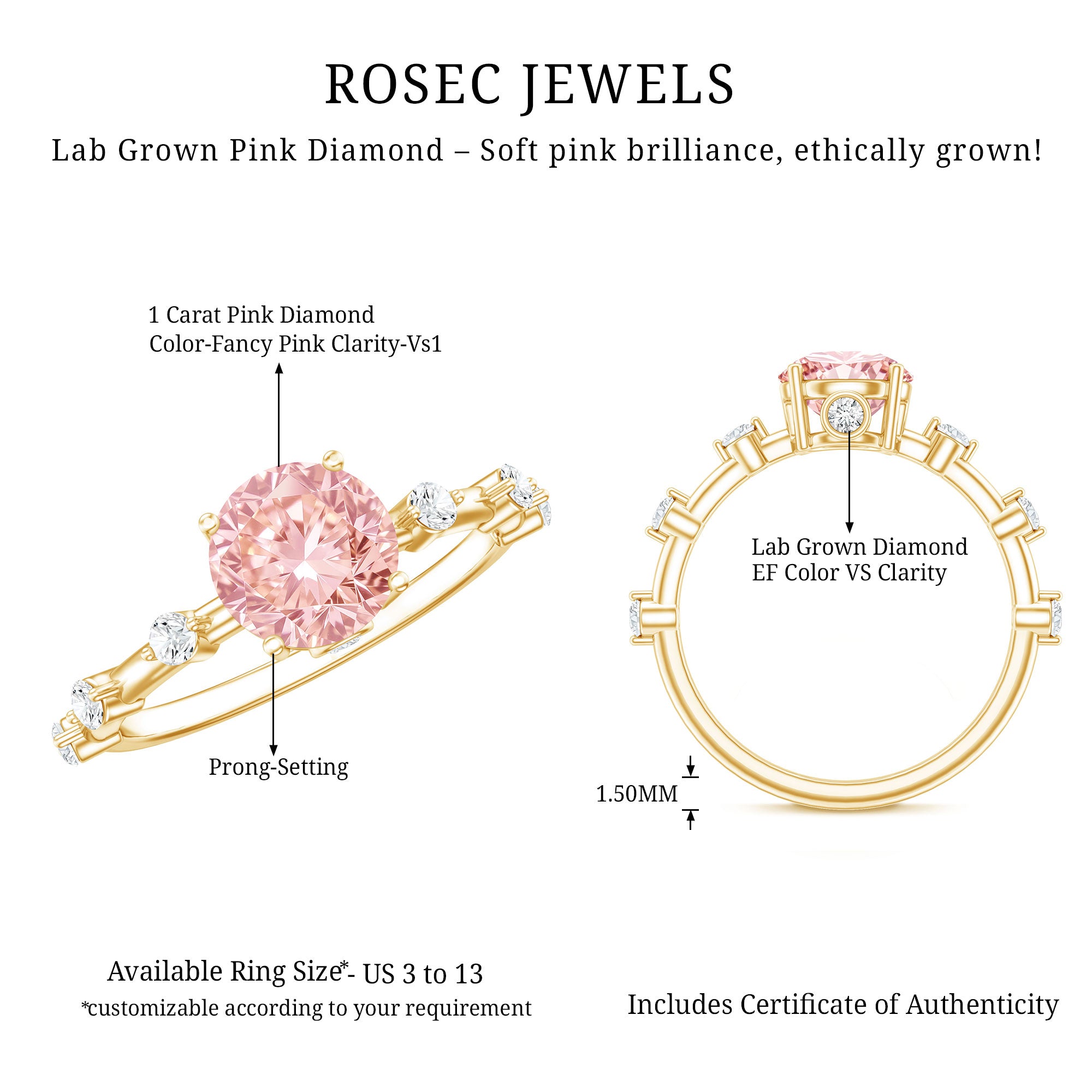 Rosec Jewels-IGI Certified 1 Carat Round Lab Grown Pink Diamond Ring