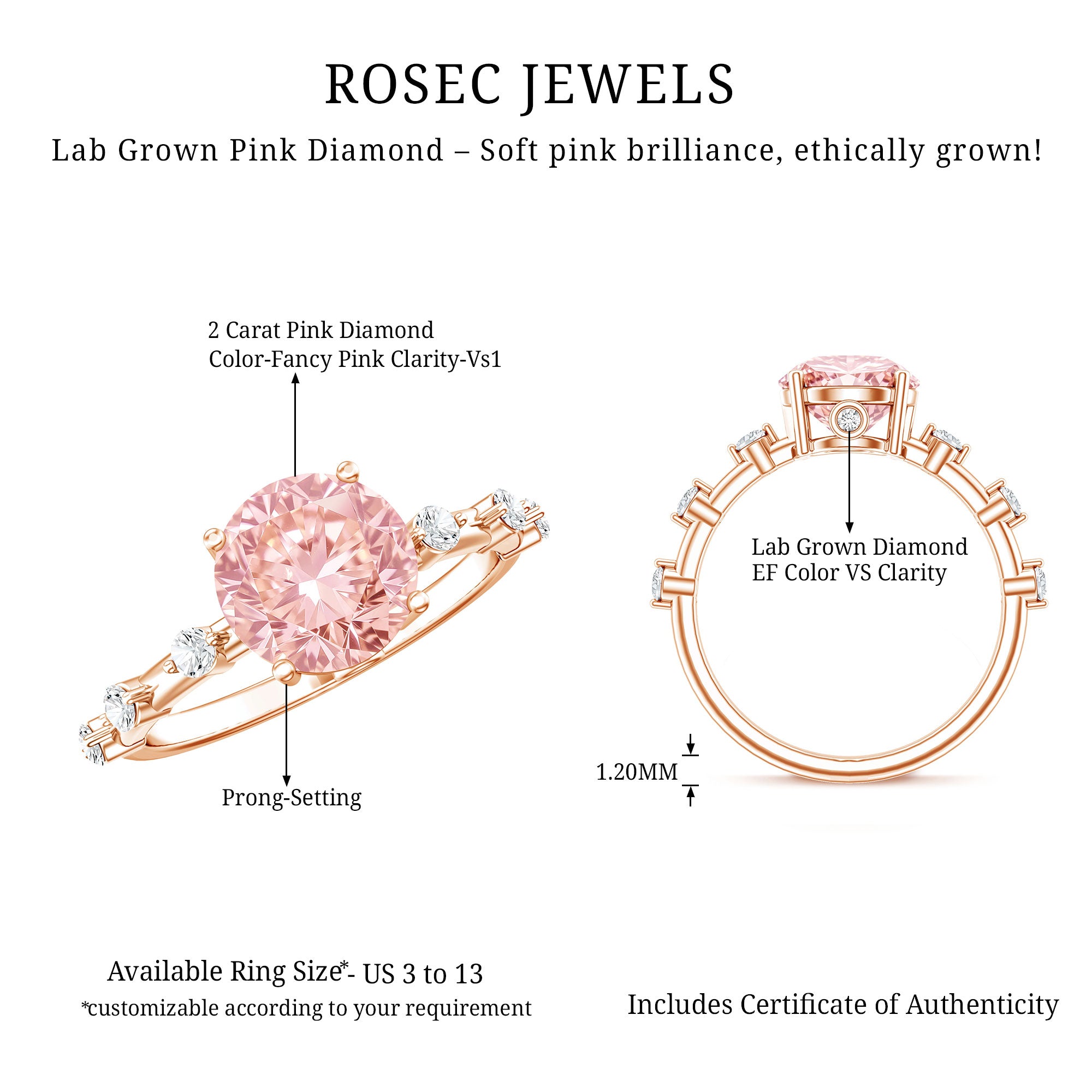 Rosec Jewels-IGI Certified 2 Carat Lab Created Pink Diamond Solitaire Engagement Ring for Women
