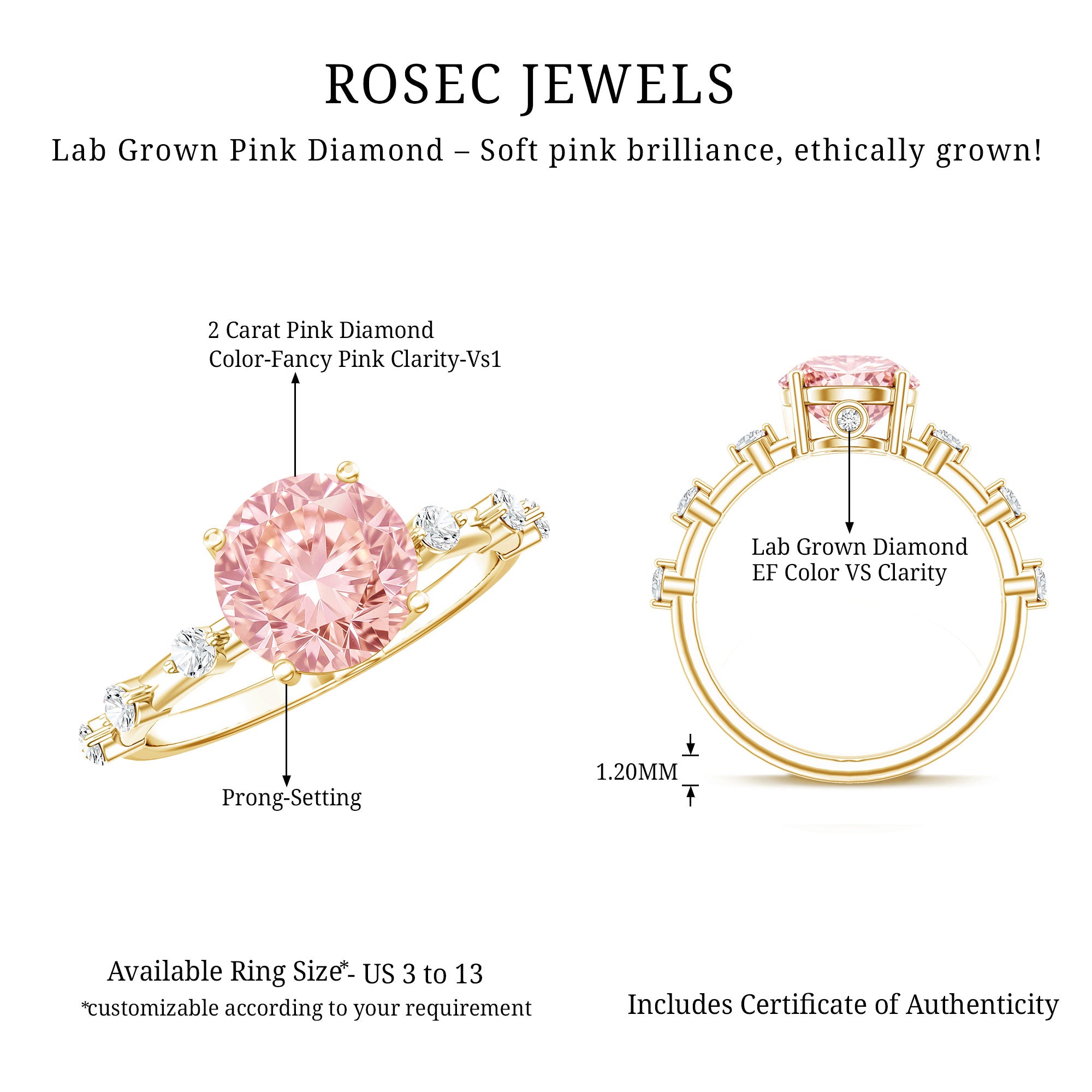 Rosec Jewels-IGI Certified 2 Carat Lab Created Pink Diamond Solitaire Engagement Ring for Women