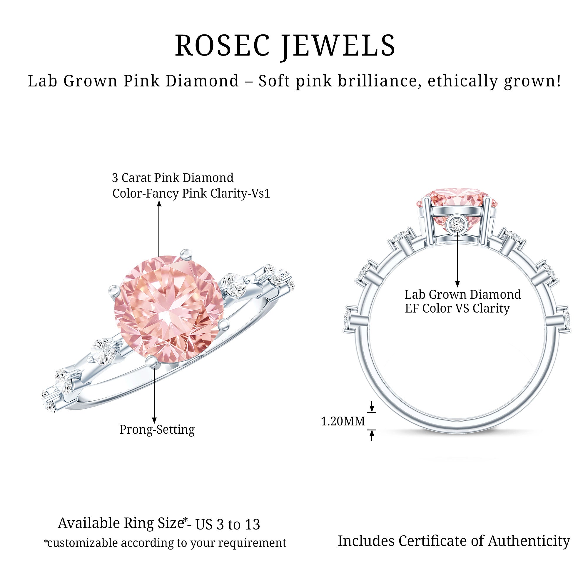Rosec Jewels-IGI Certified 3 Carat Lab Grown Pink Diamond Engagement Ring with Spaced Accent