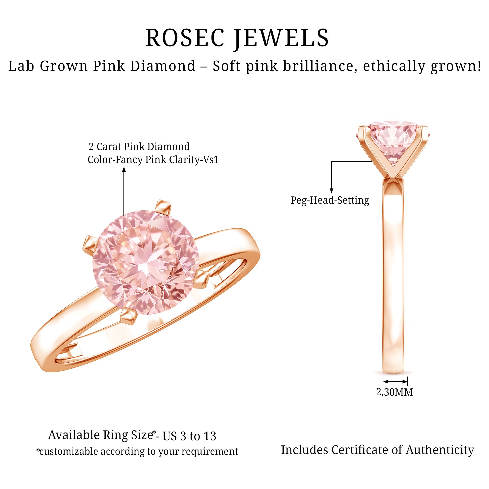 Rosec Jewels-Solitaire Round Lab Pink Diamond 2 Carat Engagement Ring IGI Certified