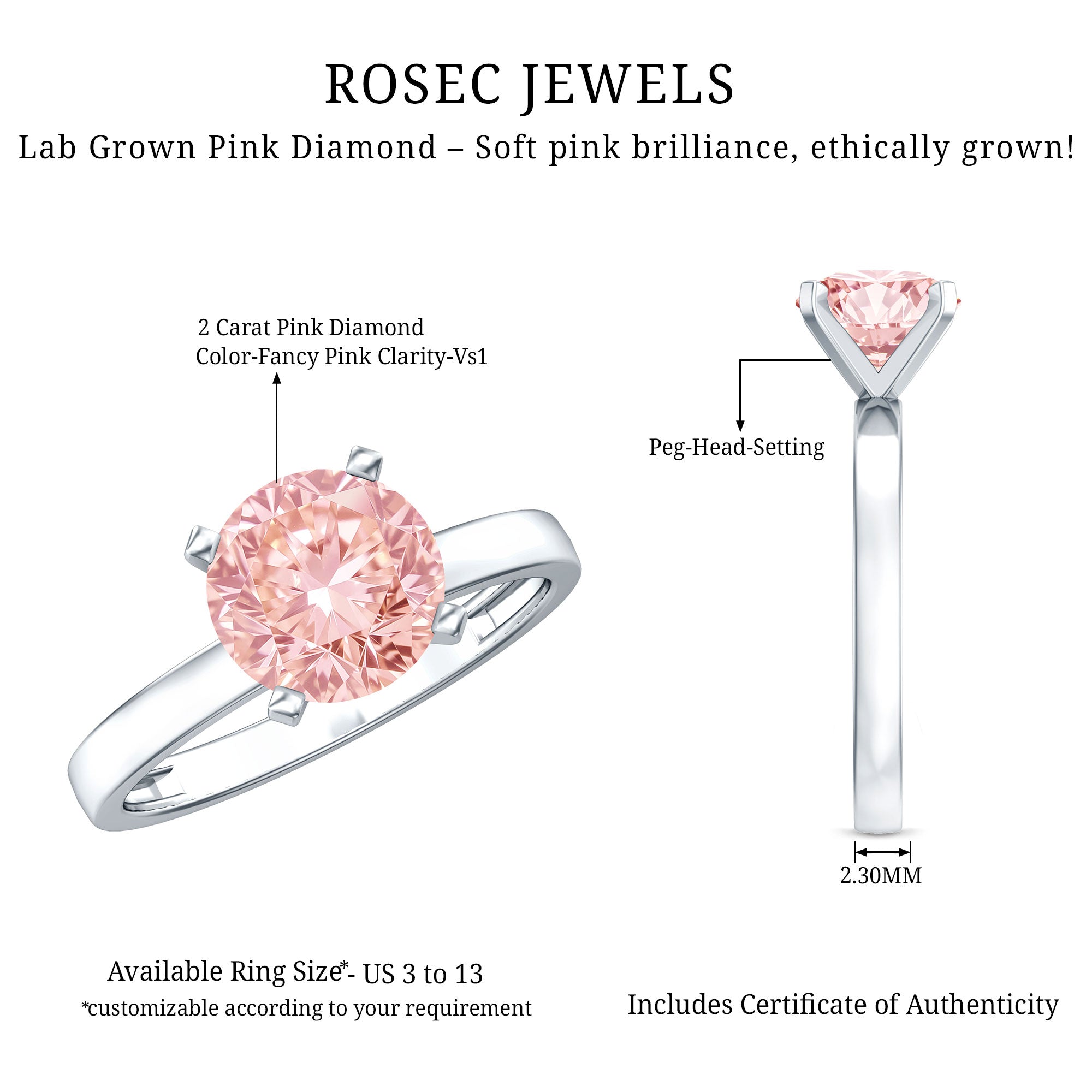 Rosec Jewels-Solitaire Round Lab Pink Diamond 2 Carat Engagement Ring IGI Certified
