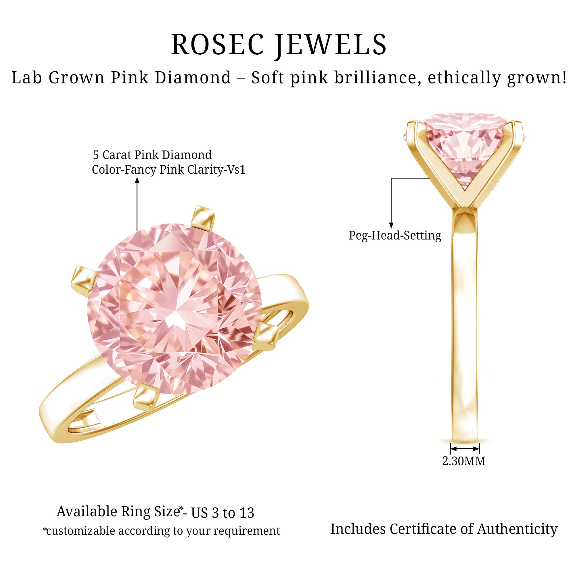 Rosec Jewels-Lab Created 5 Carat Pink Diamond Solitaire Engagement Ring IGI Certified