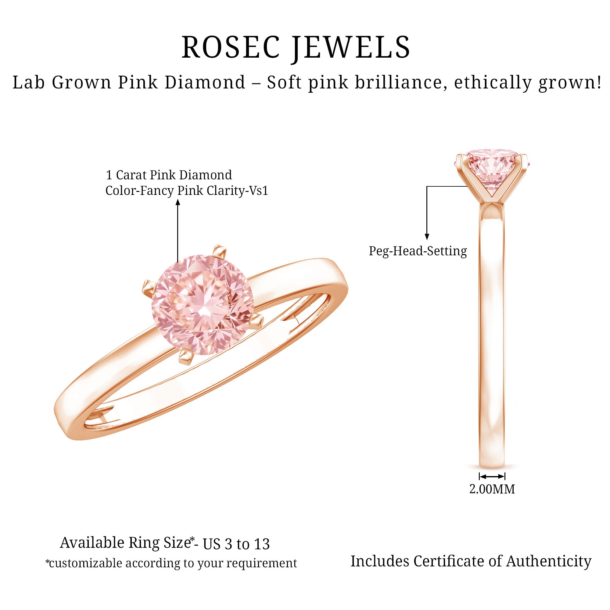Rosec Jewels-Lab Grown 1 Carat Pink Diamond Solitaire Engagement Ring with IGI Certificate
