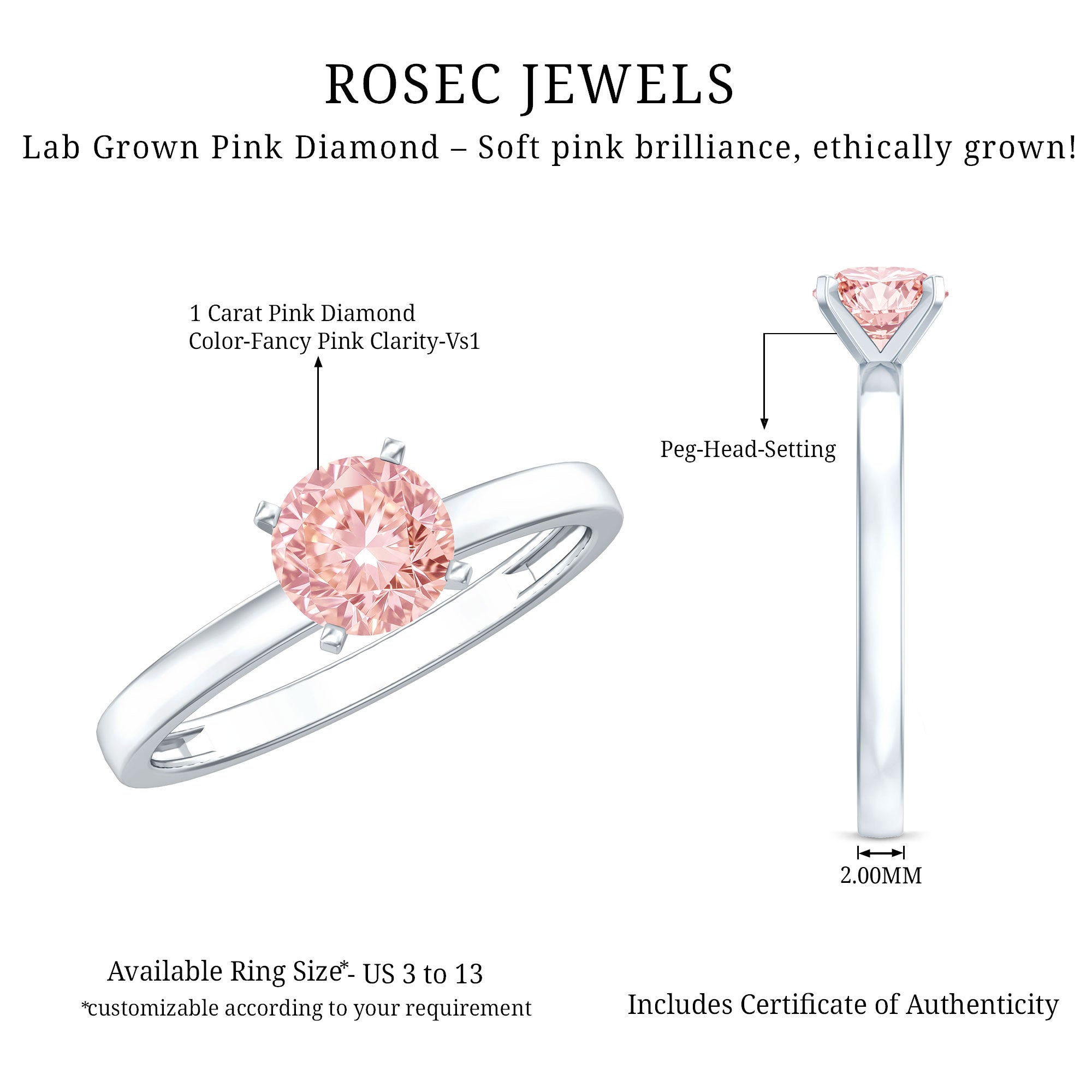 Rosec Jewels-Lab Grown 1 Carat Pink Diamond Solitaire Engagement Ring with IGI Certificate