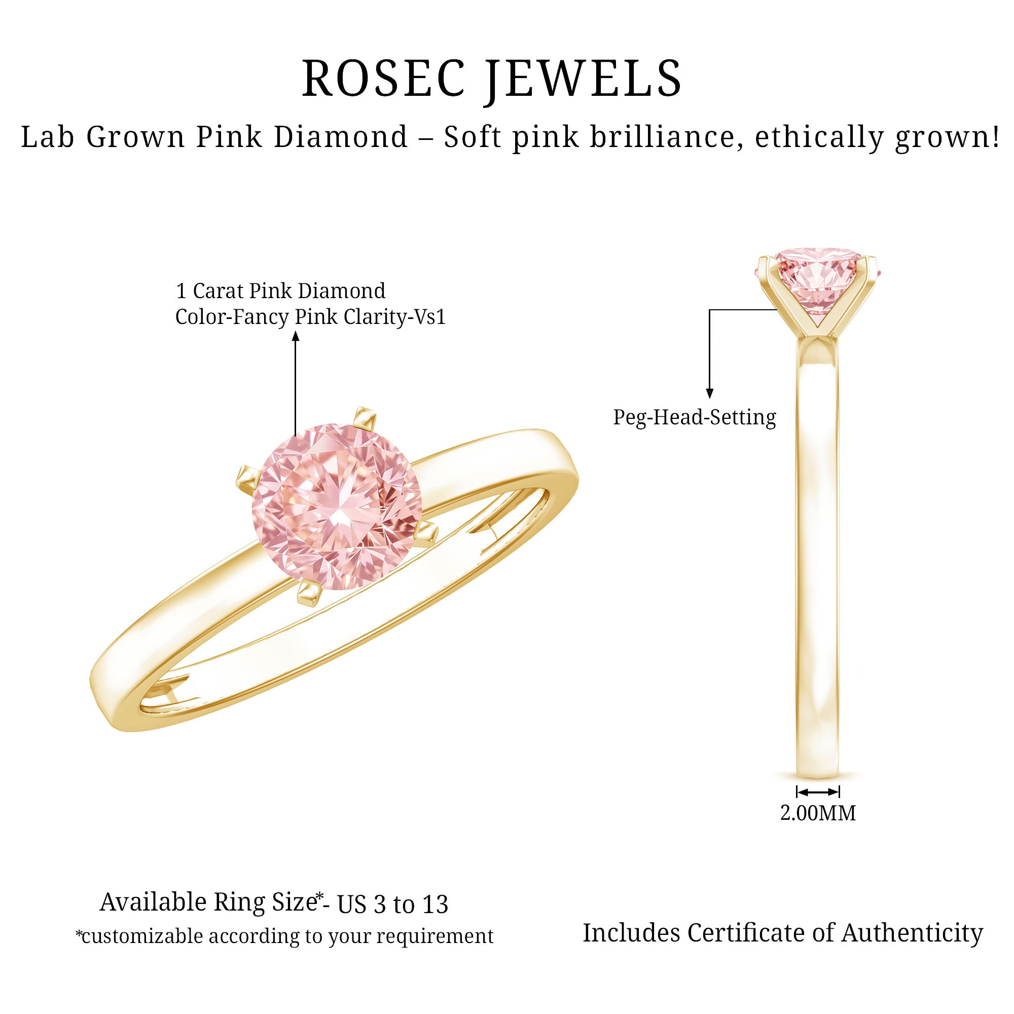 Rosec Jewels-Lab Grown 1 Carat Pink Diamond Solitaire Engagement Ring with IGI Certificate
