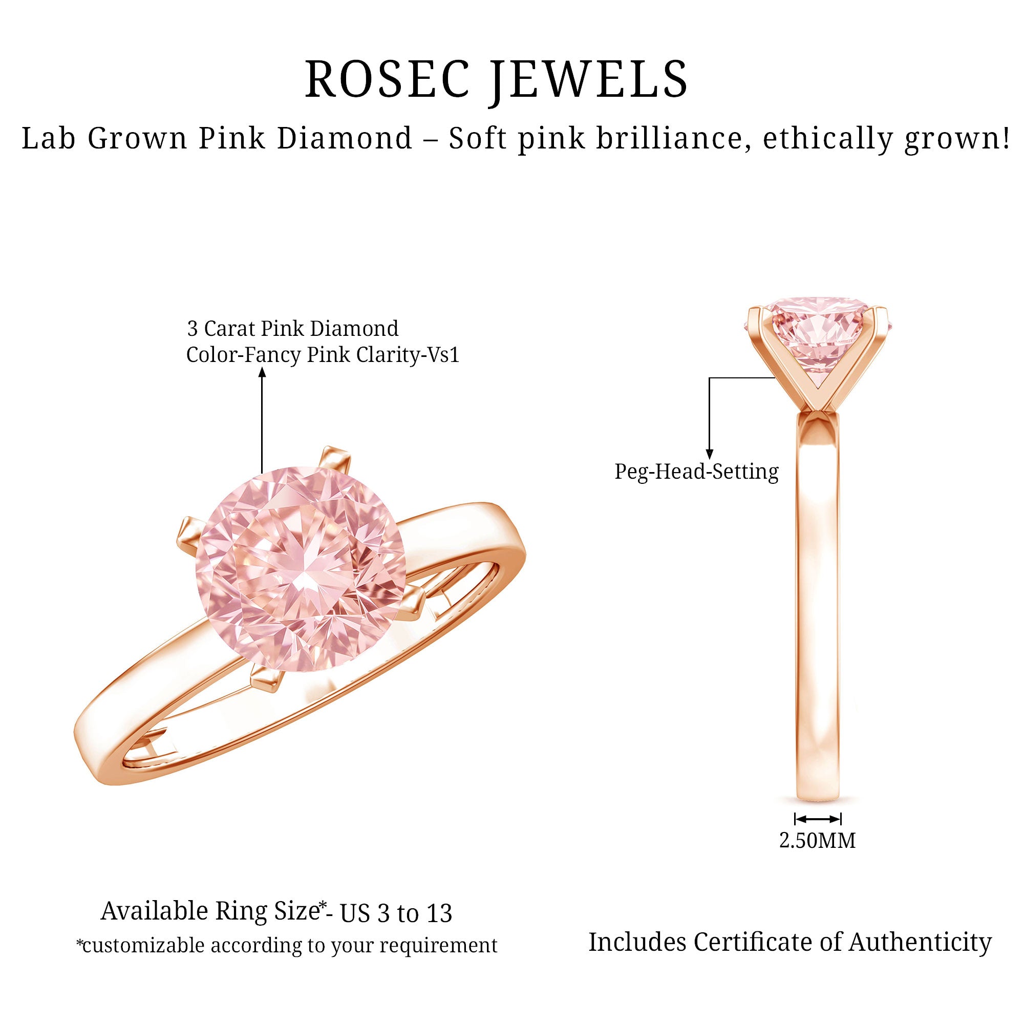Rosec Jewels-Lab Grown Pink Diamond 3 Carat Solitaire Engagement Ring with IGI Certificate
