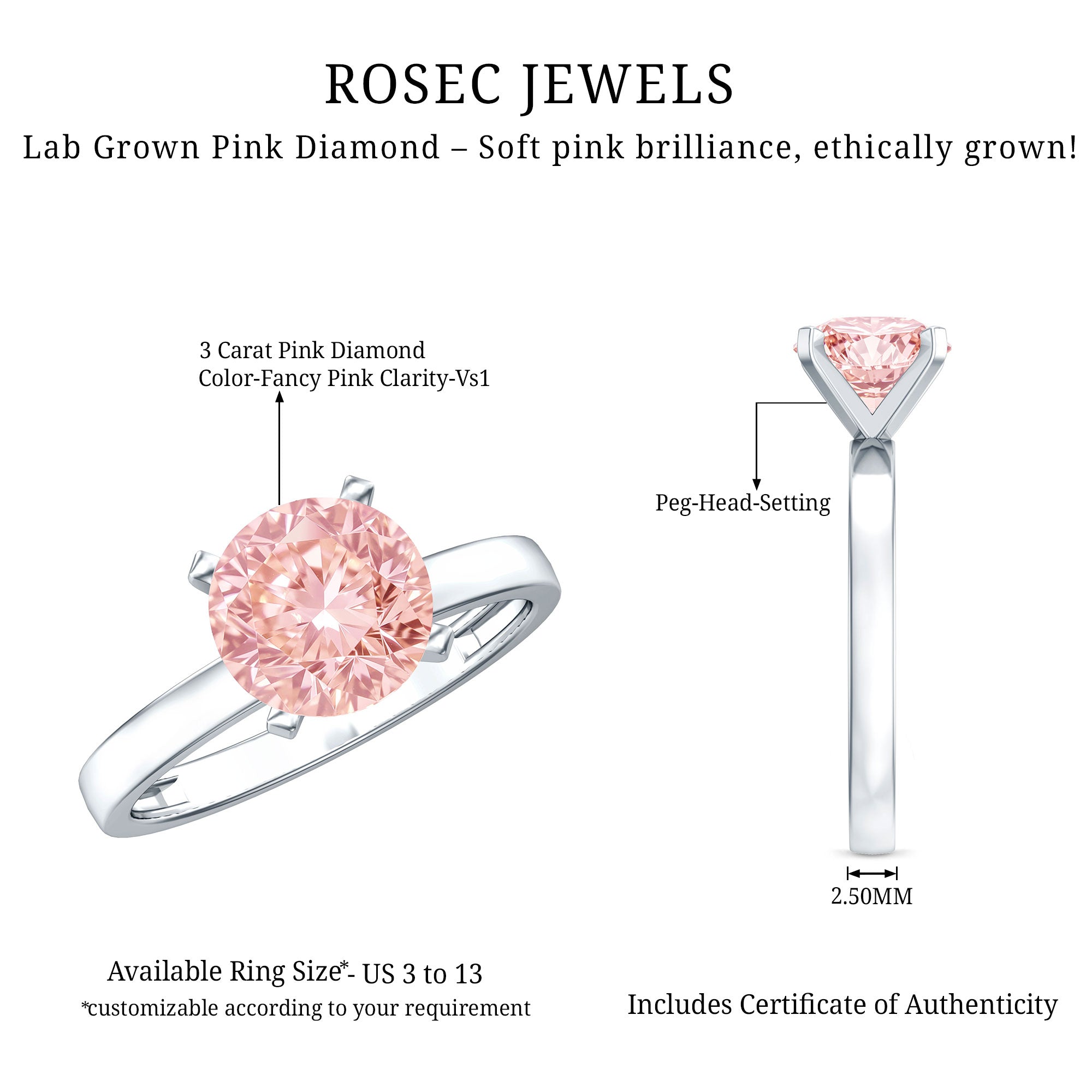 Rosec Jewels-Lab Grown Pink Diamond 3 Carat Solitaire Engagement Ring with IGI Certificate