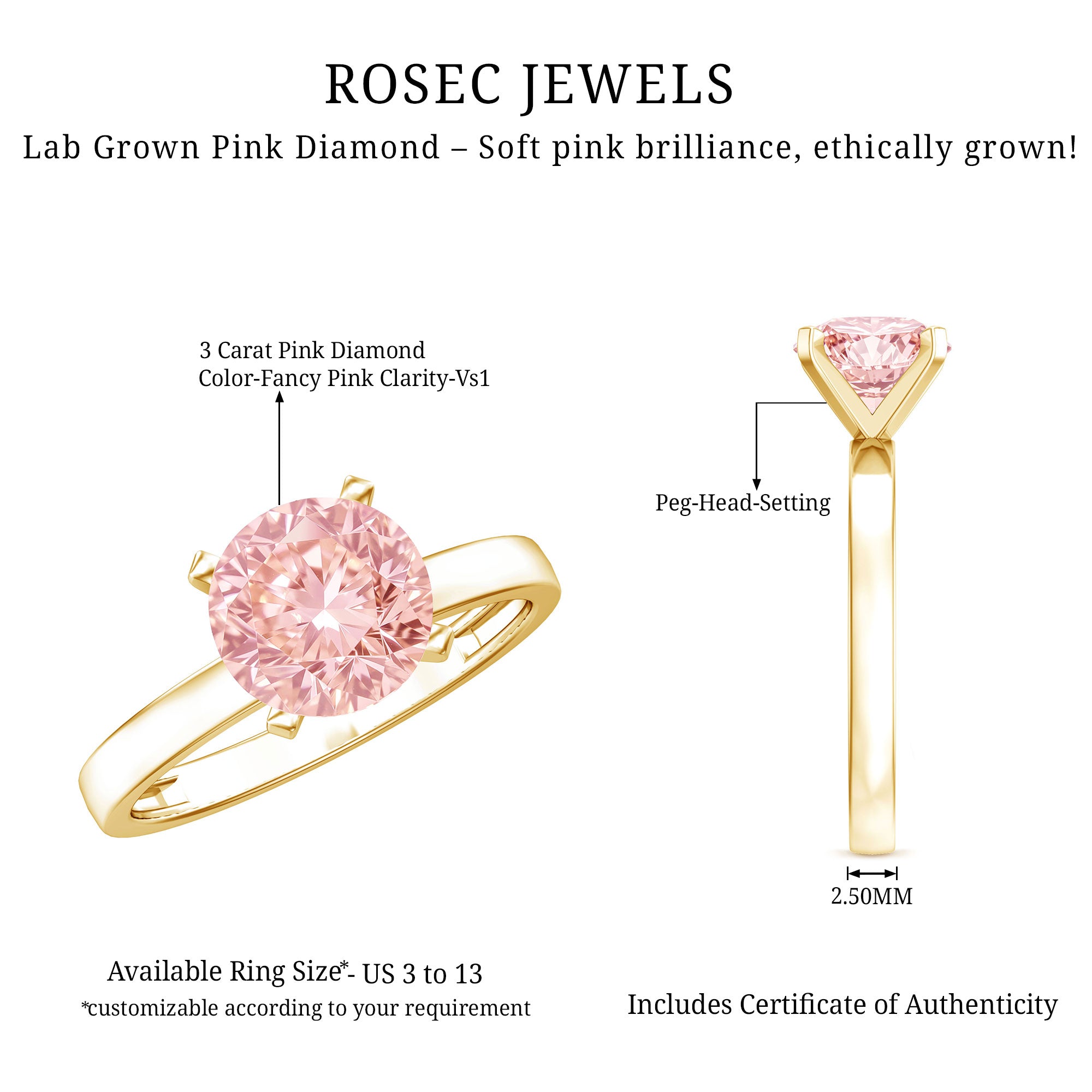 Rosec Jewels-Lab Grown Pink Diamond 3 Carat Solitaire Engagement Ring with IGI Certificate