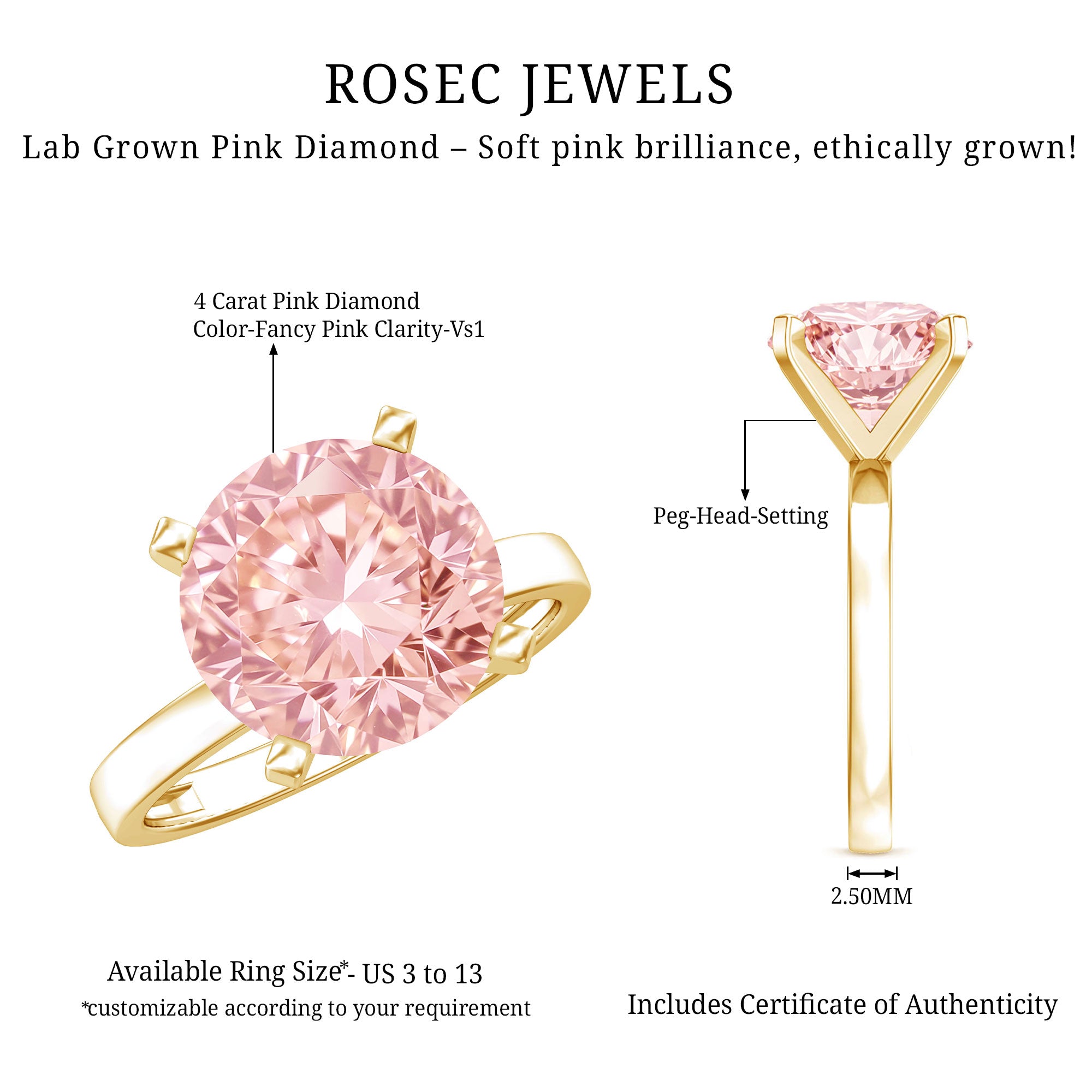 Rosec Jewels-Peg Headset Solitaire 4 Carat Lab Grown Pink Diamond Engagement Ring IGI Certified