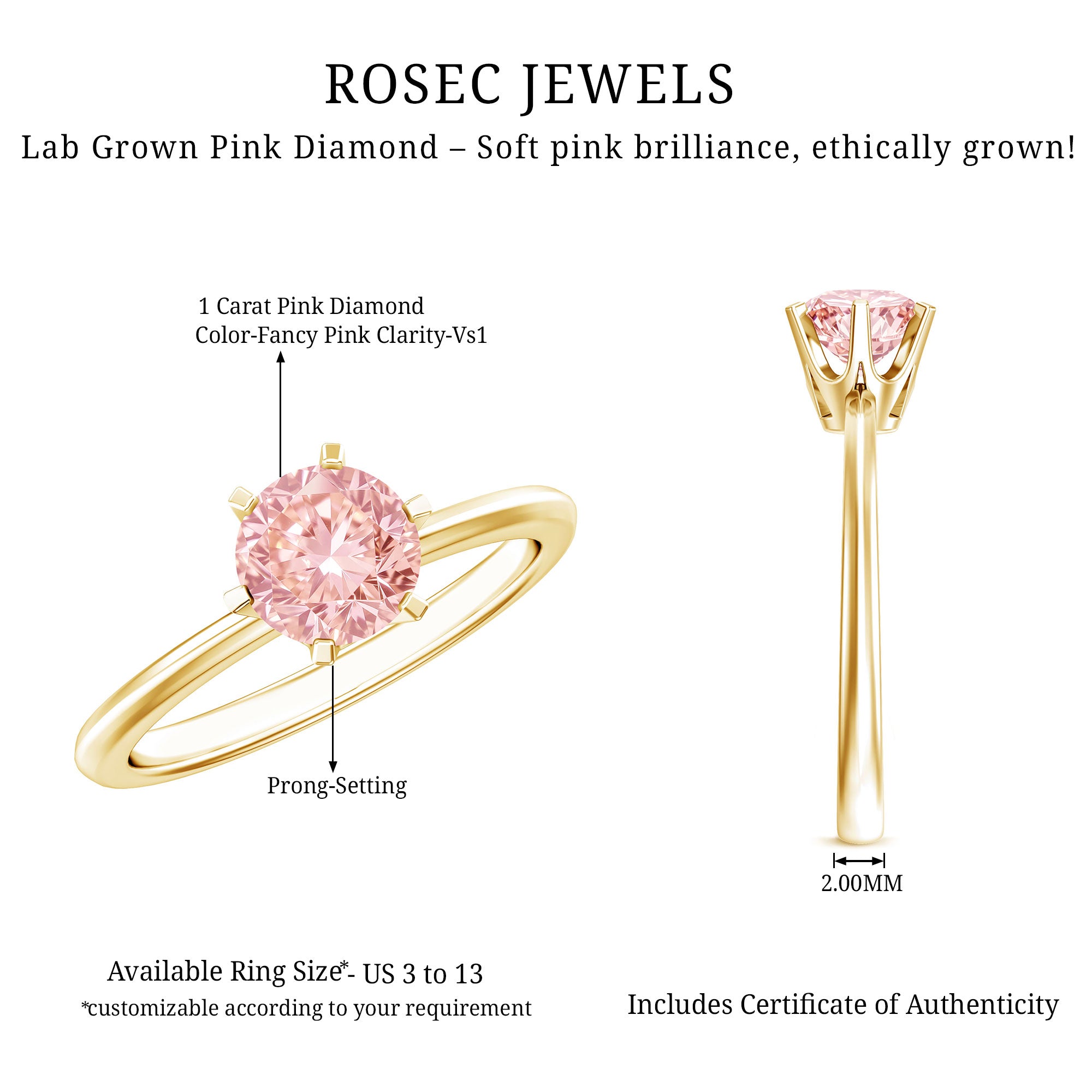Rosec Jewels-Round Brilliant Cut Lab Grown Pink Diamond 1 Carat Solitaire Ring with IGI Certificate