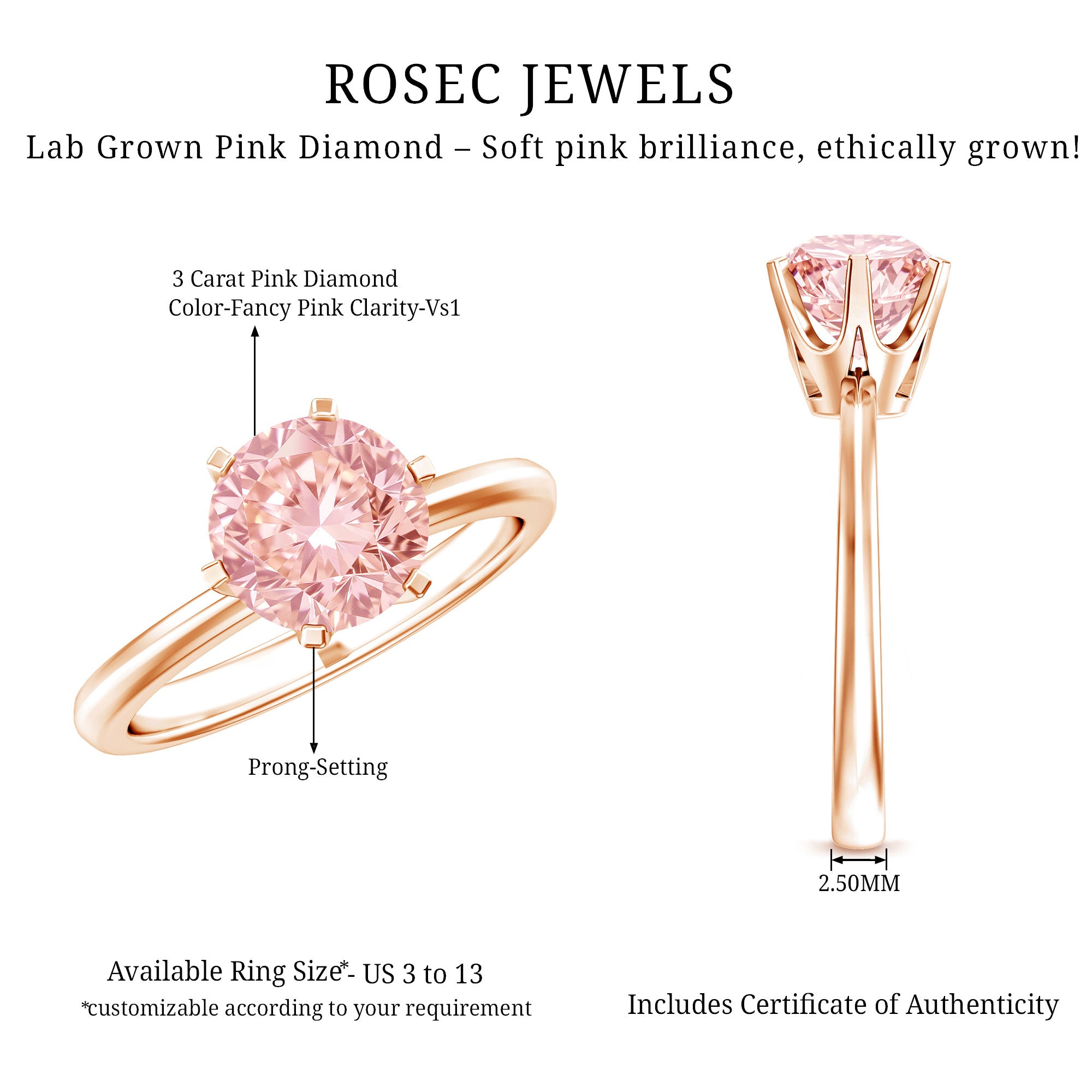 Rosec Jewels-IGI Certified Solitaire 3 Carat Lab Grown Pink Diamond Engagement Ring For Women