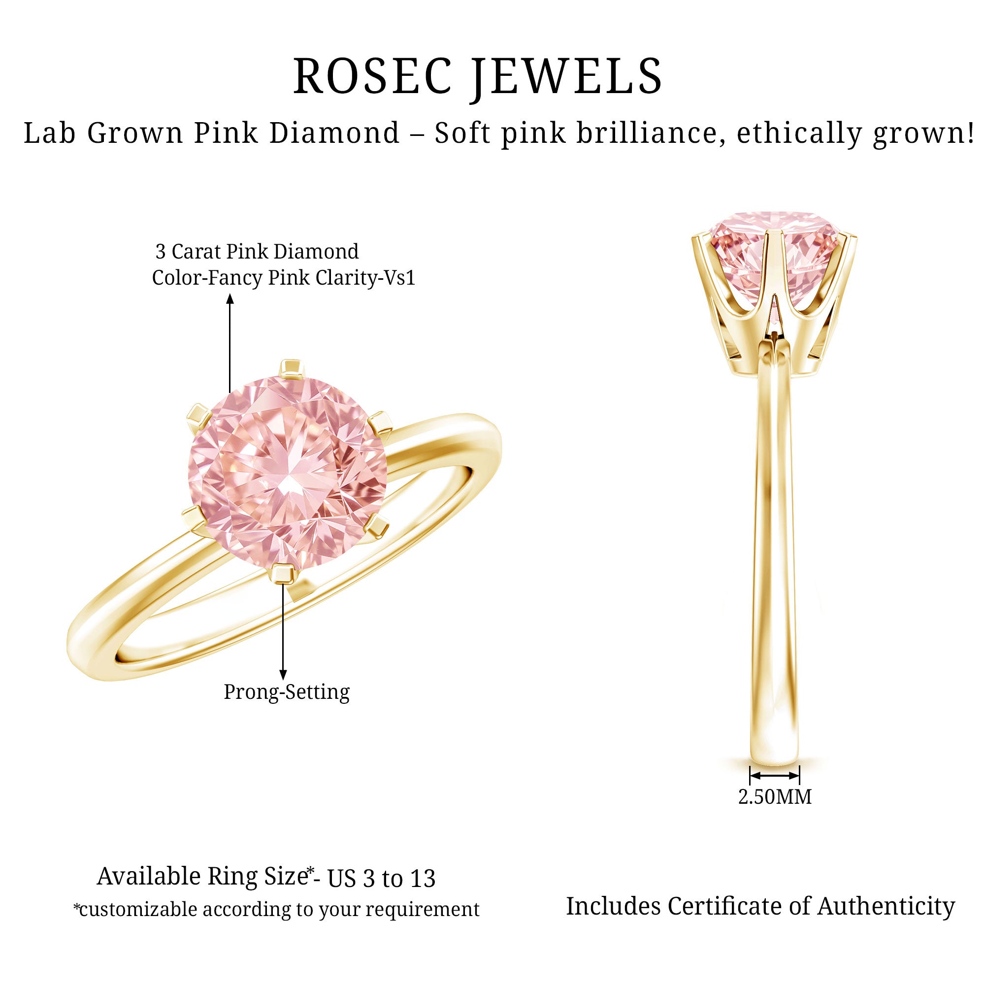 Rosec Jewels-IGI Certified Solitaire 3 Carat Lab Grown Pink Diamond Engagement Ring For Women
