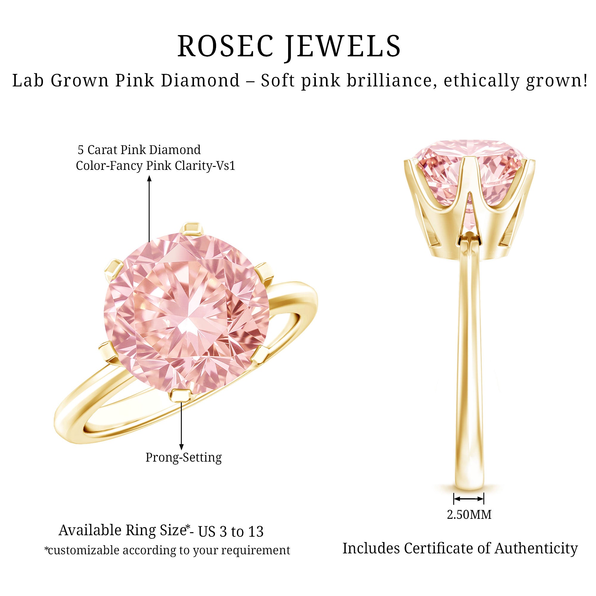 Rosec Jewels-Round 5 Carat Lab Grown Pink Diamond Solitaire Engagement Ring with IGI Certificate