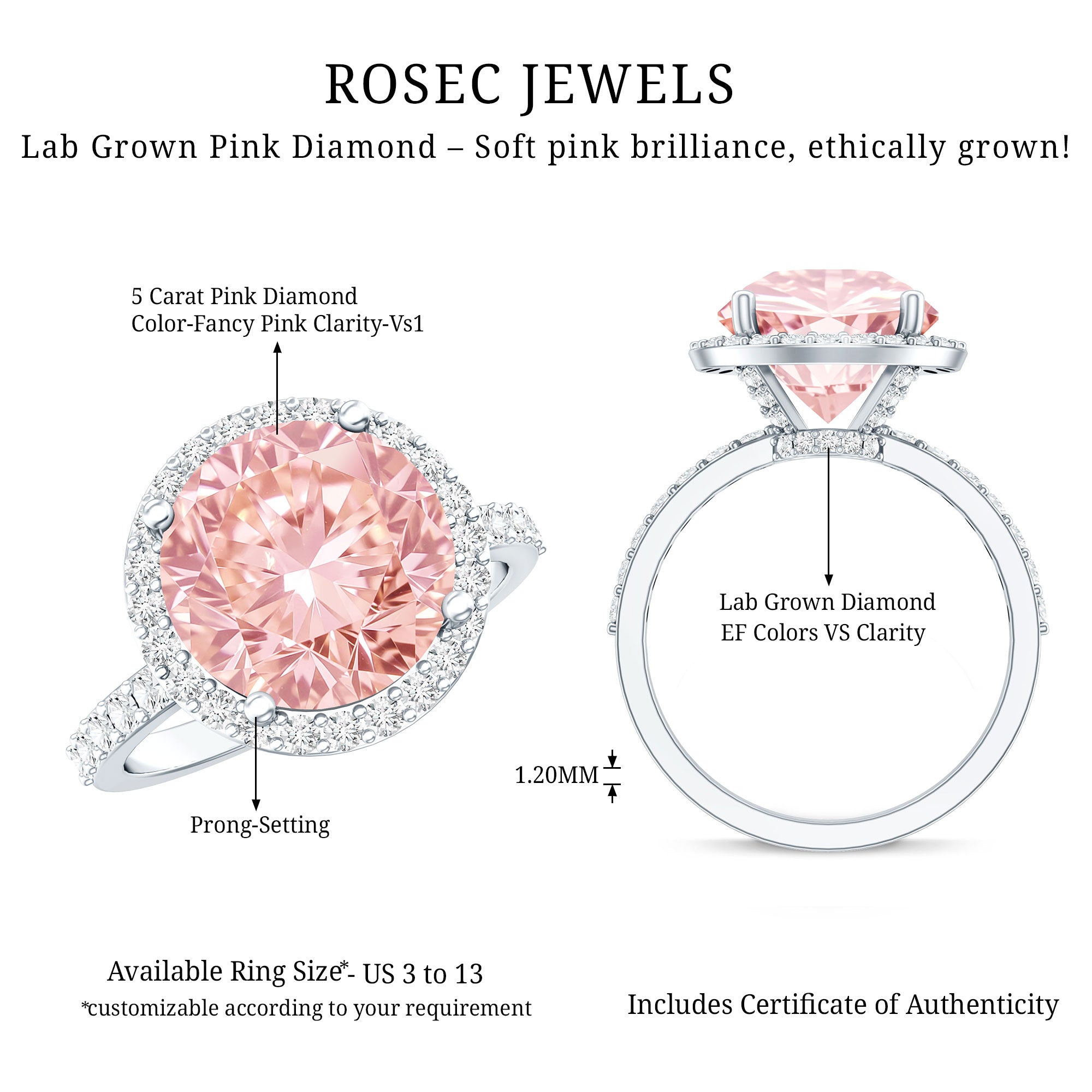 Rosec Jewels-Round 5 Carat Lab Grown Pink Diamond Halo Engagement Ring IGI Certified