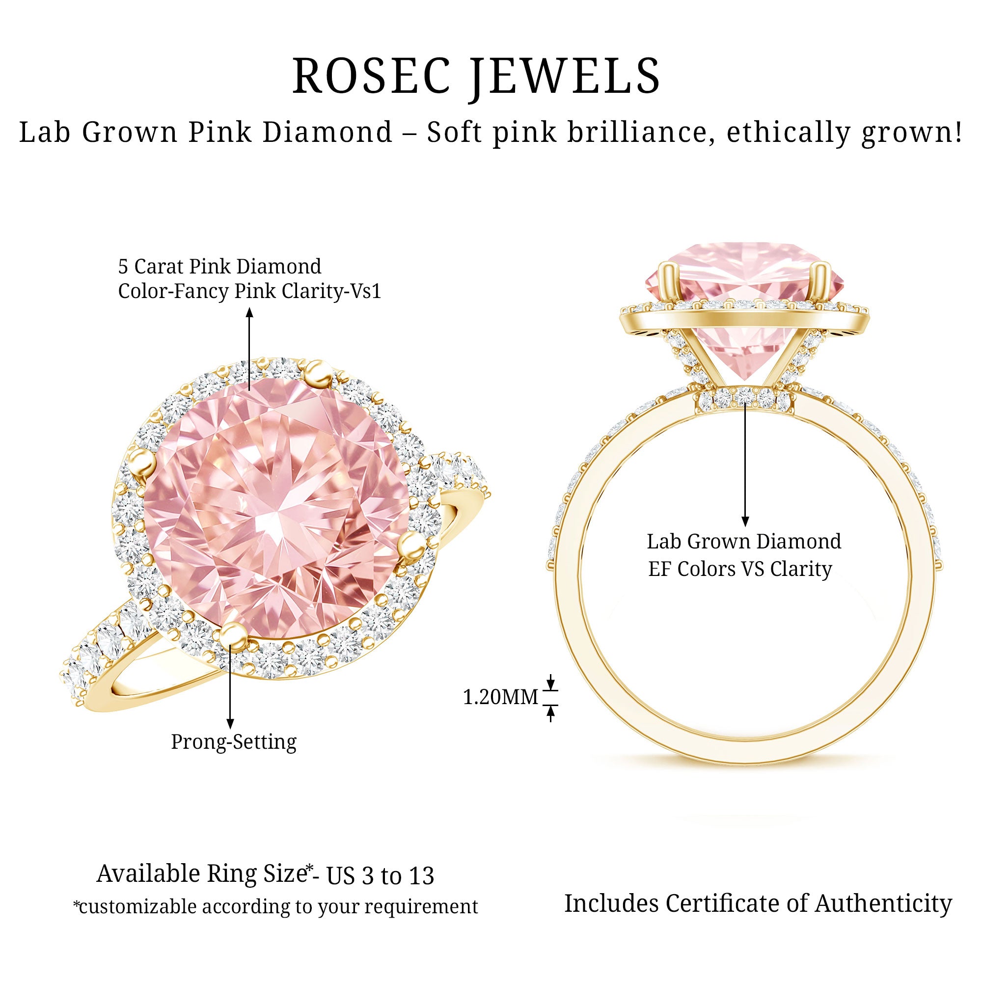 Rosec Jewels-Round 5 Carat Lab Grown Pink Diamond Halo Engagement Ring IGI Certified