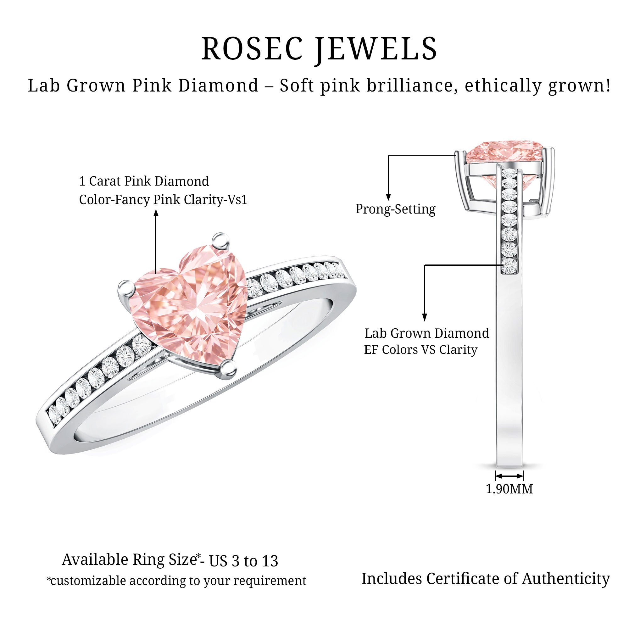 Rosec Jewels-IGI Certified Heart Shape Lab Grown Pink Diamond Engagement Ring 1 Carat