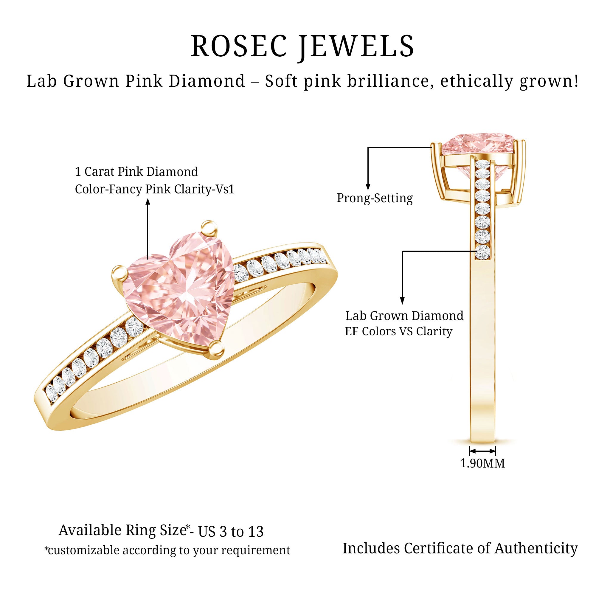 Rosec Jewels-IGI Certified Heart Shape Lab Grown Pink Diamond Engagement Ring 1 Carat