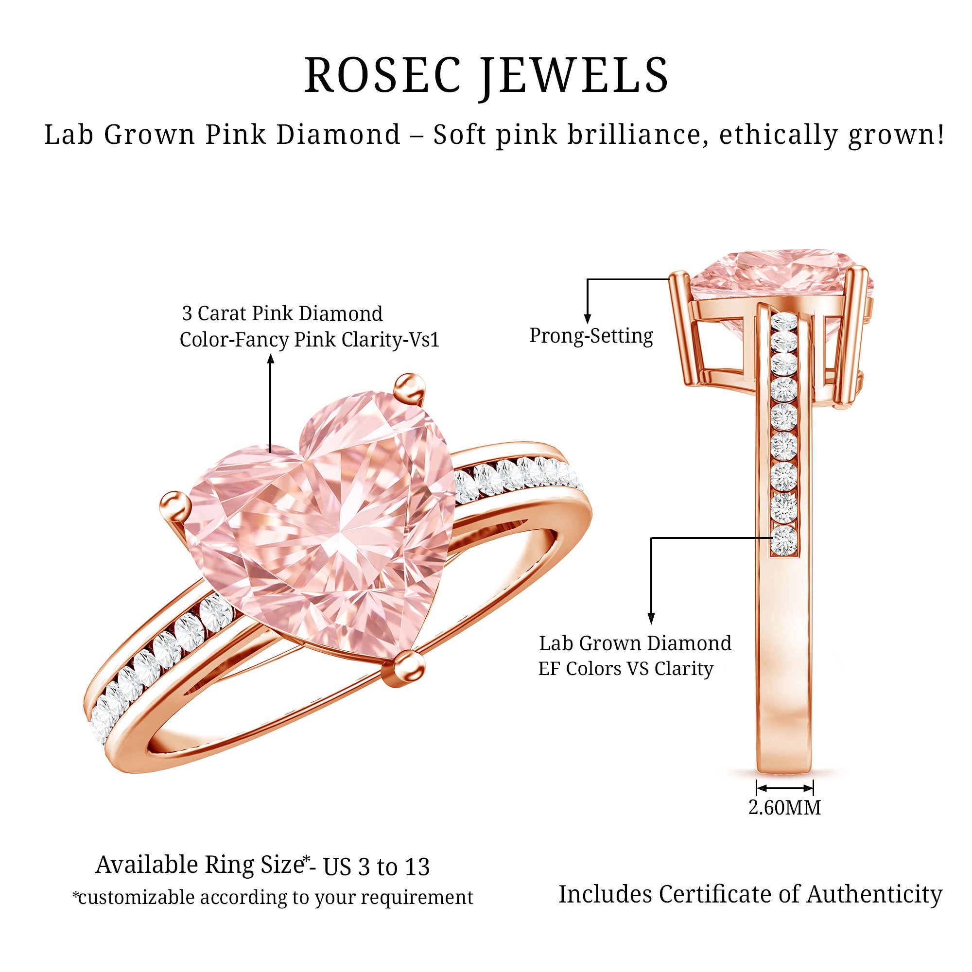 Rosec Jewels-Lab Grown 3 Carat Pink Diamond Heart Engagement Ring IGI Certified