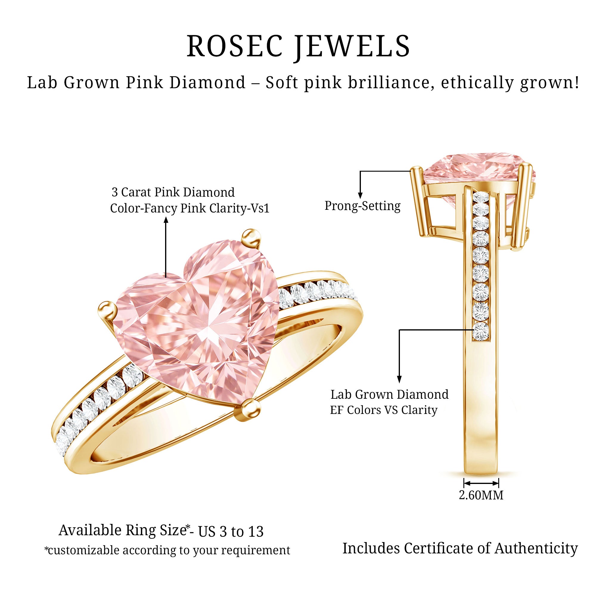 Rosec Jewels-Lab Grown 3 Carat Pink Diamond Heart Engagement Ring IGI Certified