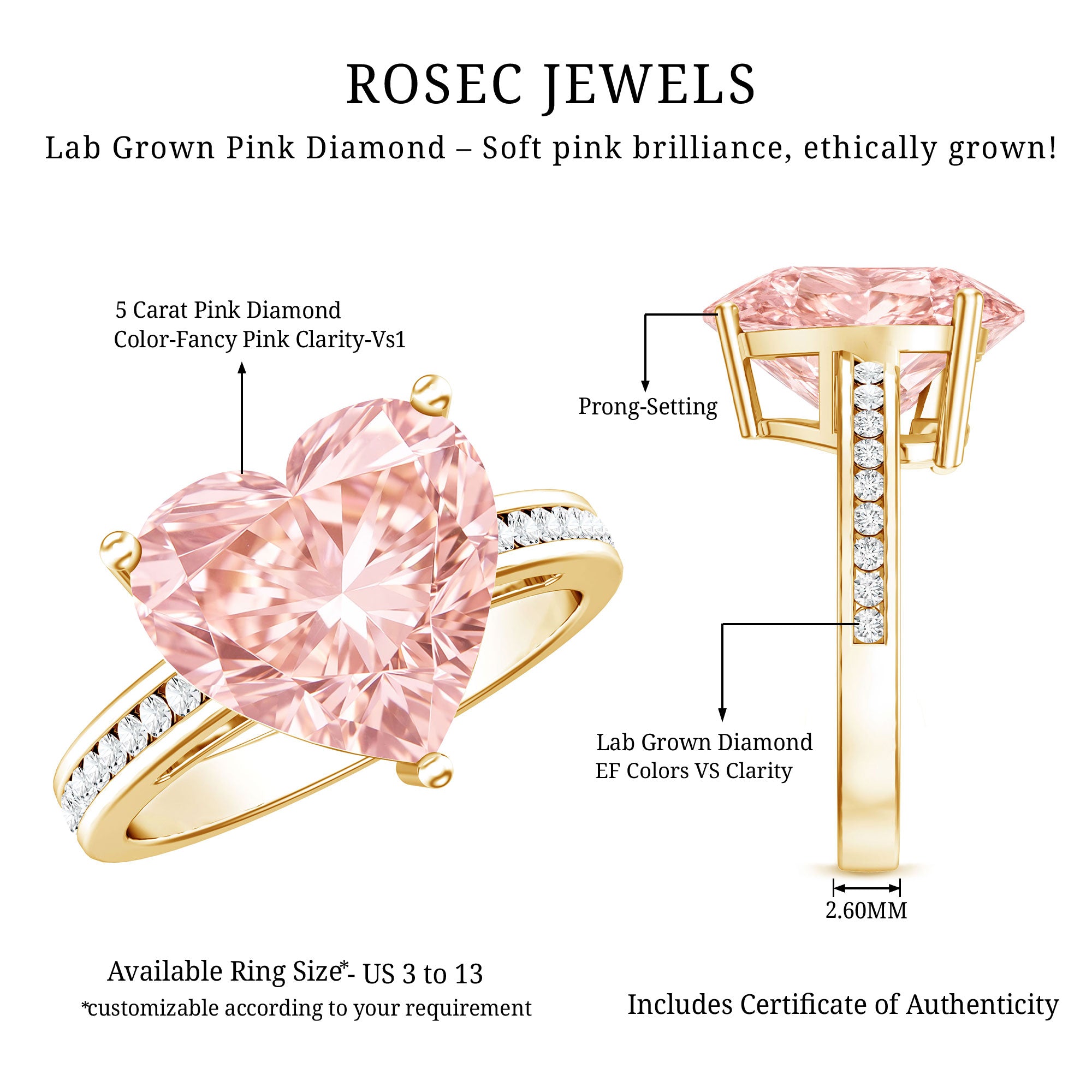 Rosec Jewels-IGI Certified 5 Carat Lab Grown Pink Diamond Heart Solitaire Engagement Ring