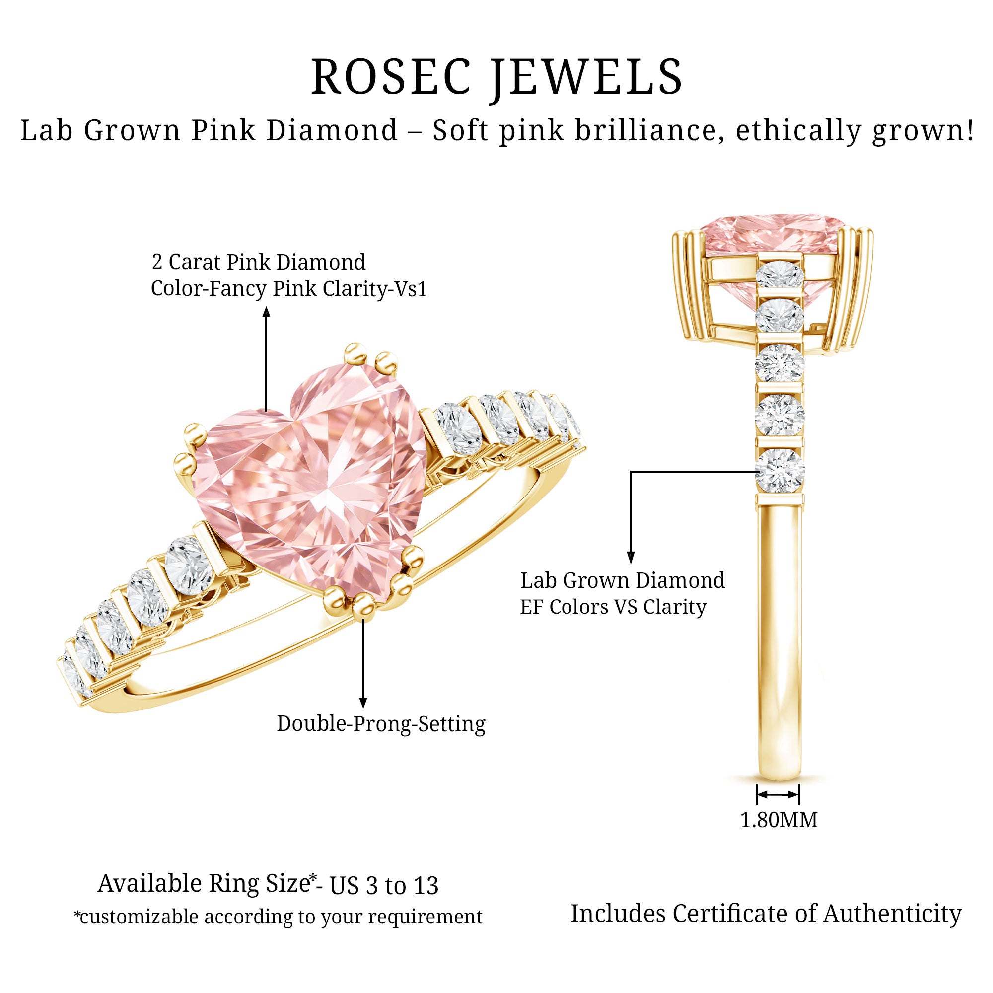 Rosec Jewels-IGI Certified Lab Grown Pink Diamond 2 Ct Heart Shape Engagement Ring