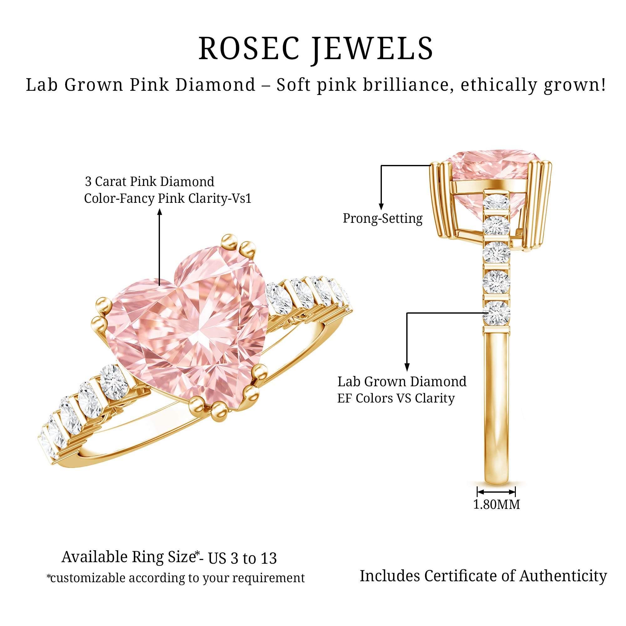 Rosec Jewels-IGI Certified 3 Carat Lab Grown Diamond Pink Heart Engagement Ring with Side Stones