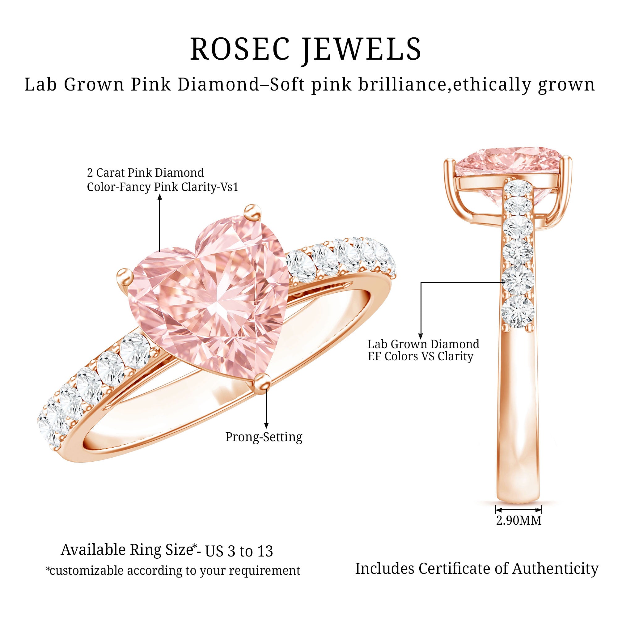 Lab Grown 2 Carat Pink Diamond Heart Engagement Ring with IGI Certificate Fancy Pink - VS1 - Rosec Jewels