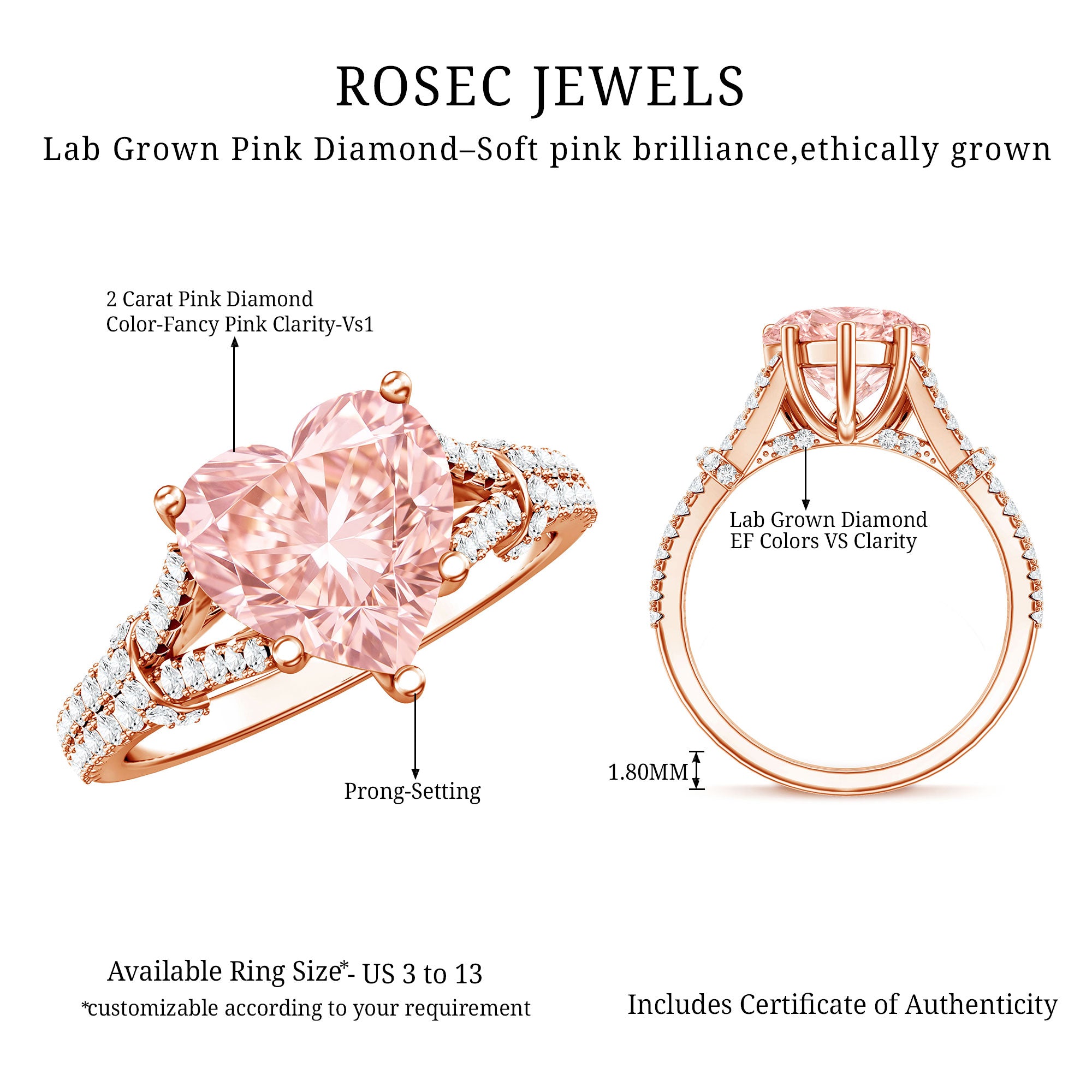 2 Carat IGI Certified Lab Grown Pink Diamond Heart Engagement Ring with Split Shank Fancy Pink - VS1 - Rosec Jewels